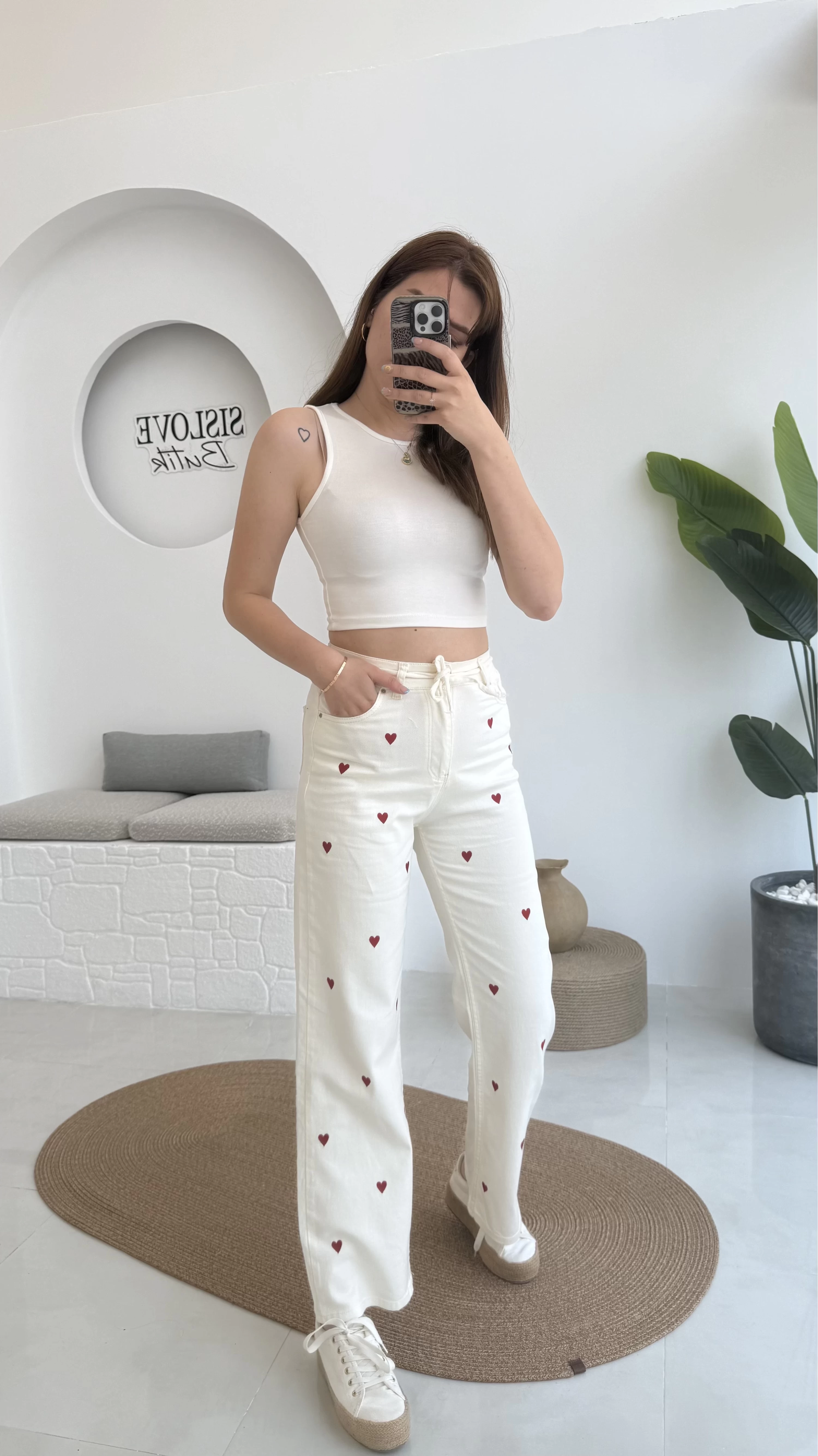 Kalpli Bağcıklı Kot Pantolon Krem
