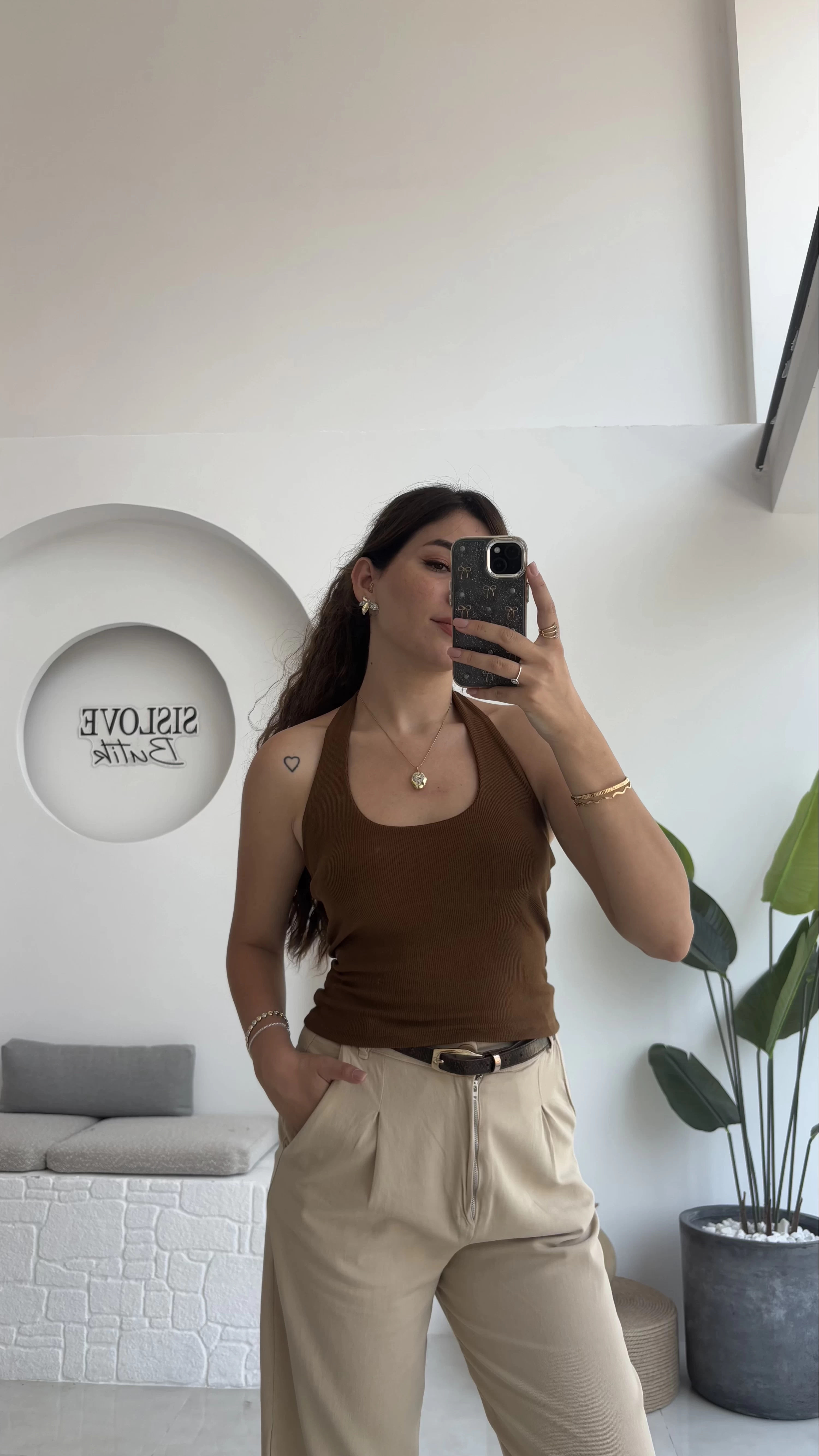 Karolina Boyundan Geçmeli Crop - Kahverengi