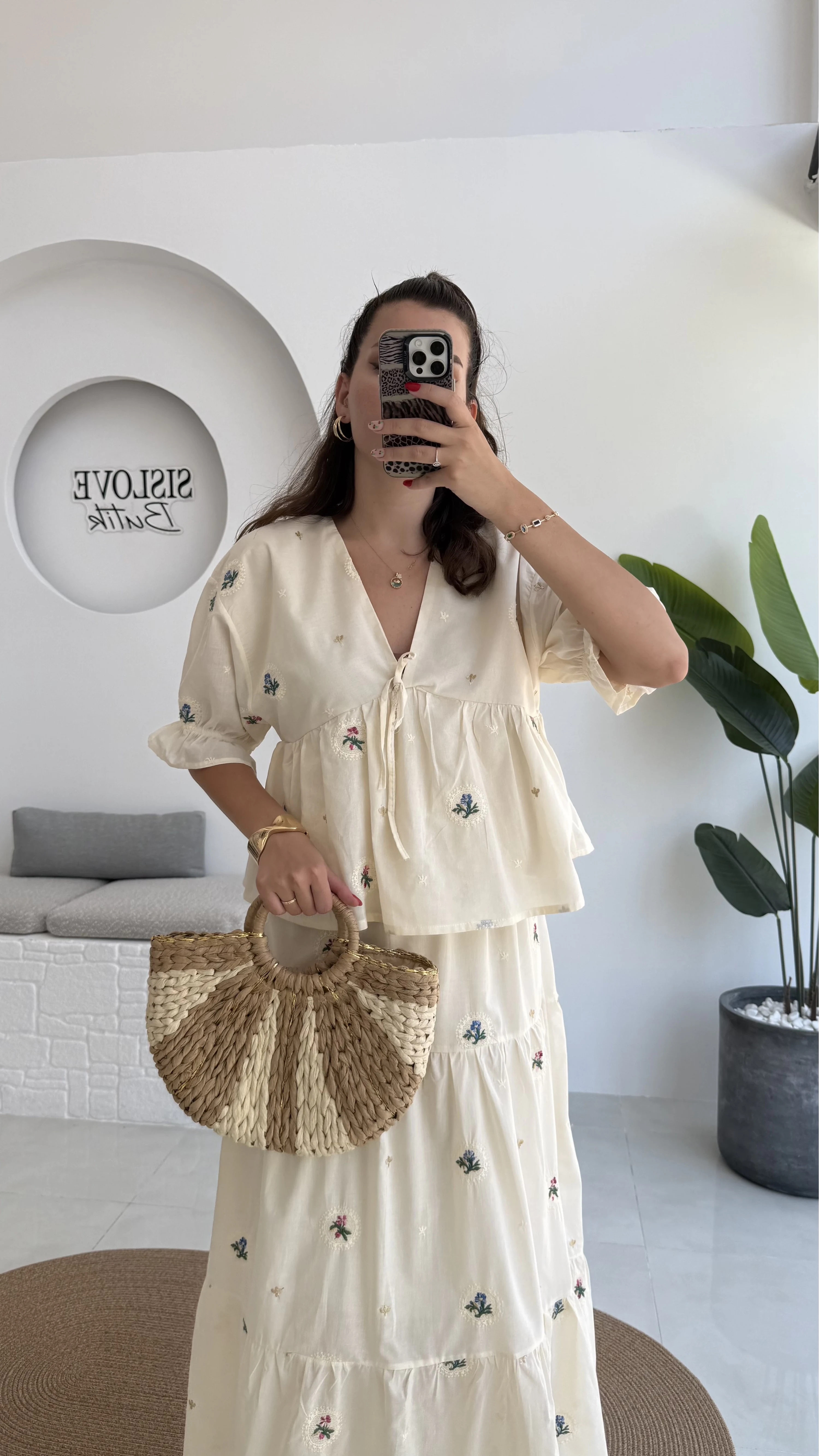 Kath Çiçek İşlemeli Bluz Etek Takım - Taş - 1042 - 5032