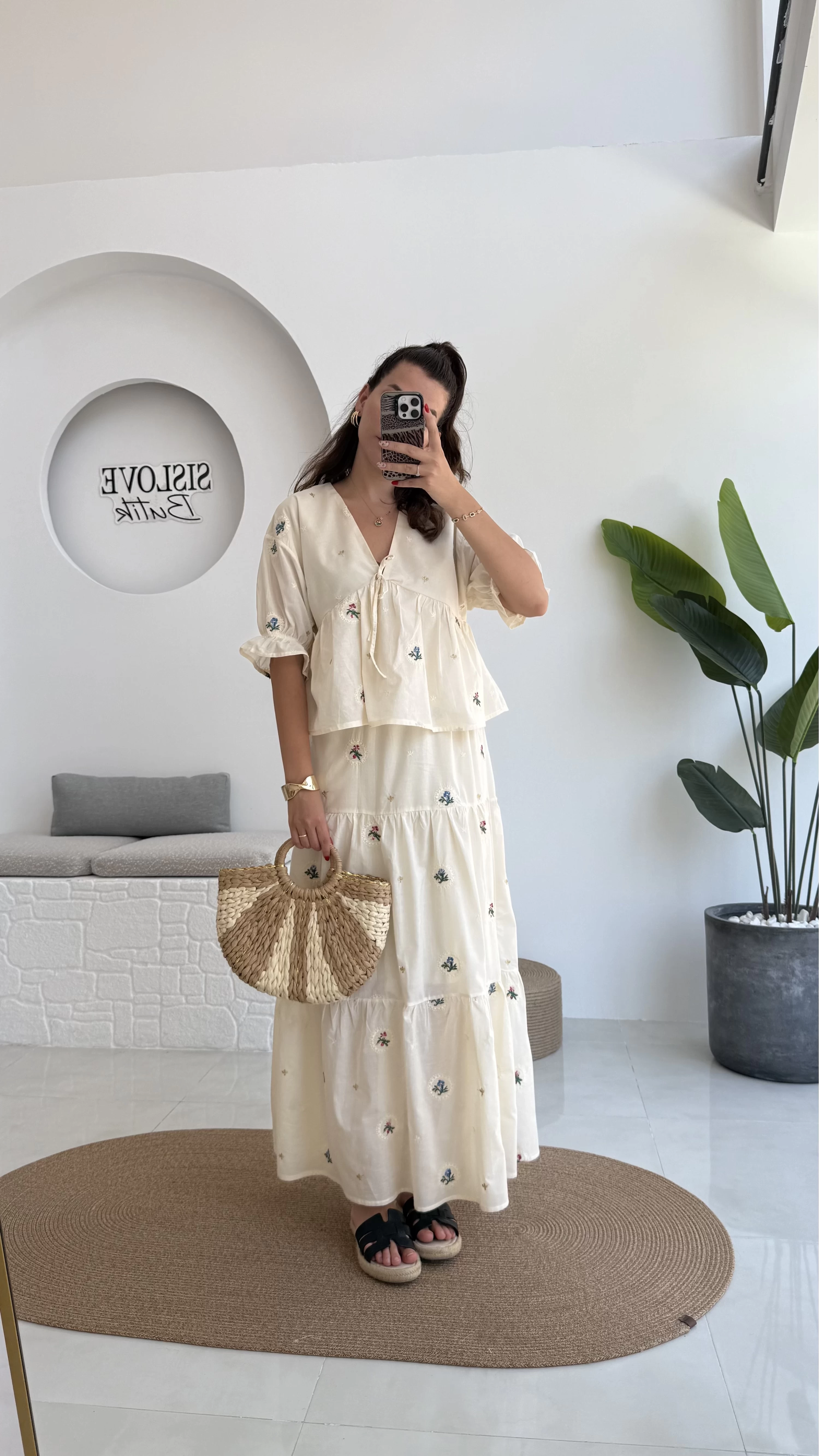 Kath Çiçek İşlemeli Bluz Etek Takım - Taş - 1042 - 5032