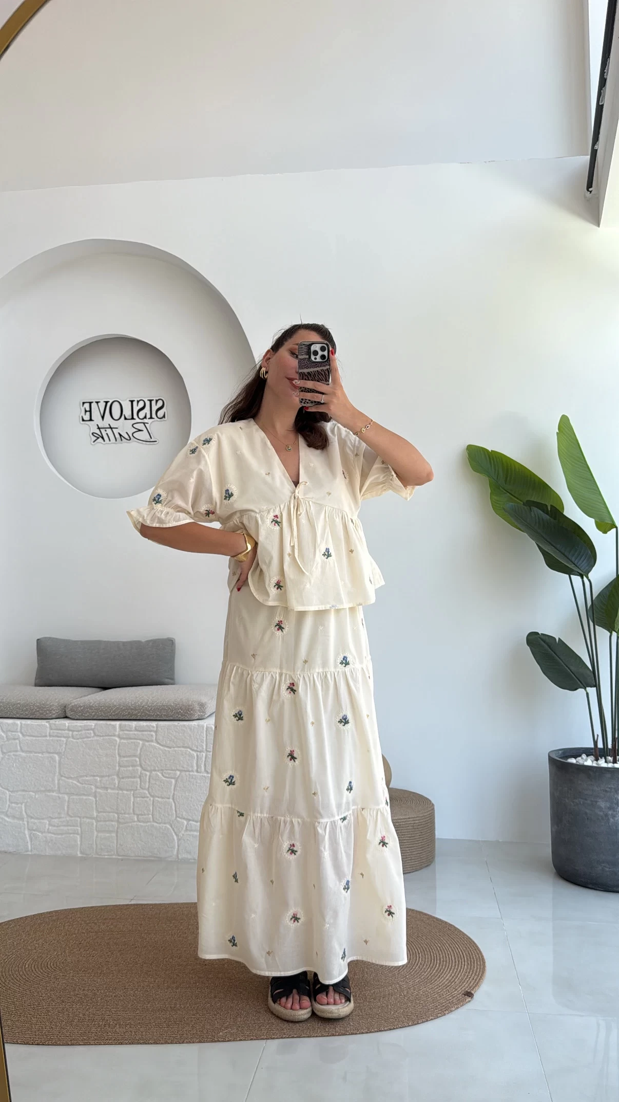Kath Çiçek İşlemeli Bluz Etek Takım - Taş - 1042 - 5032