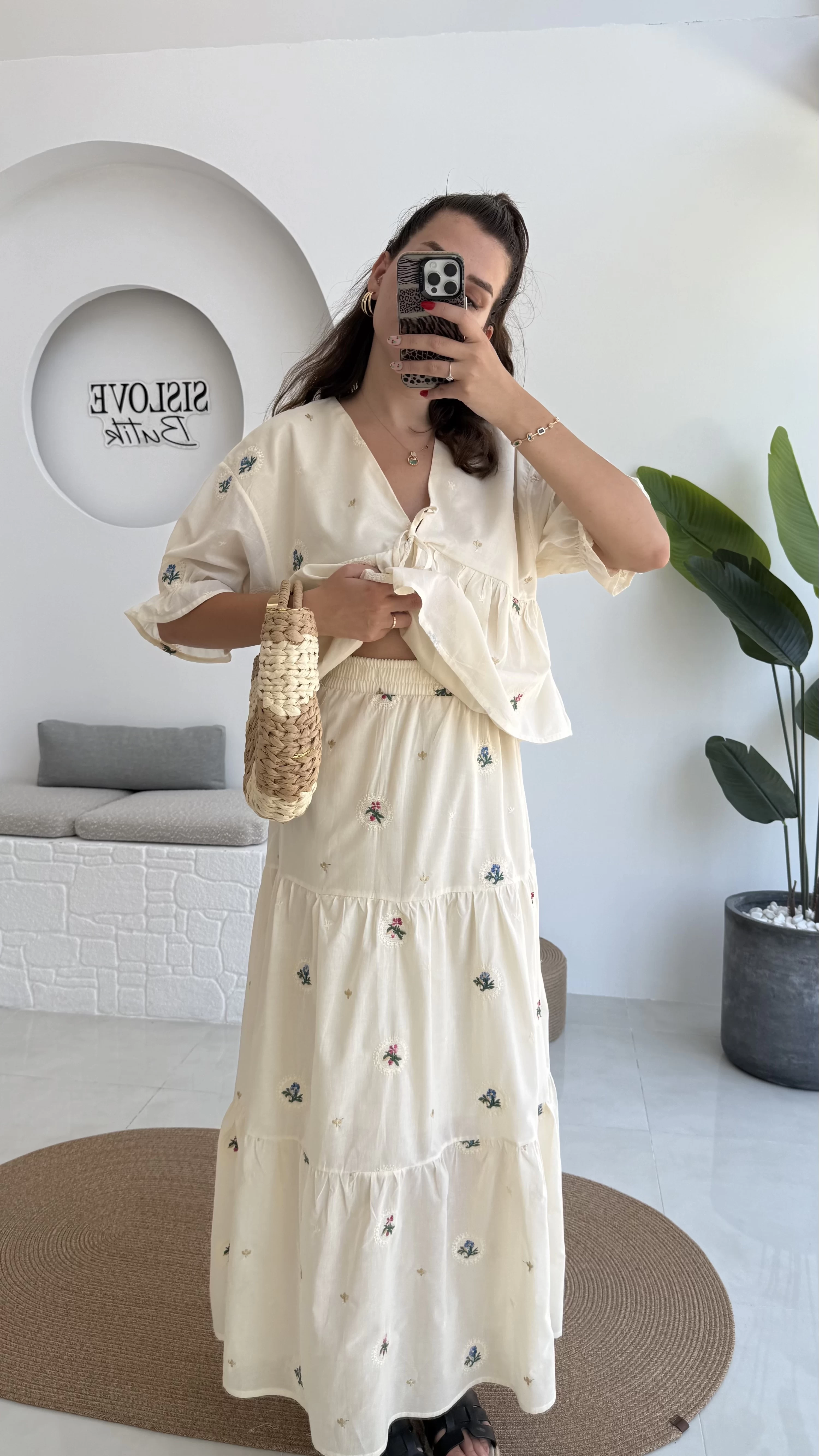 Kath Çiçek İşlemeli Bluz Etek Takım - Taş - 1042 - 5032
