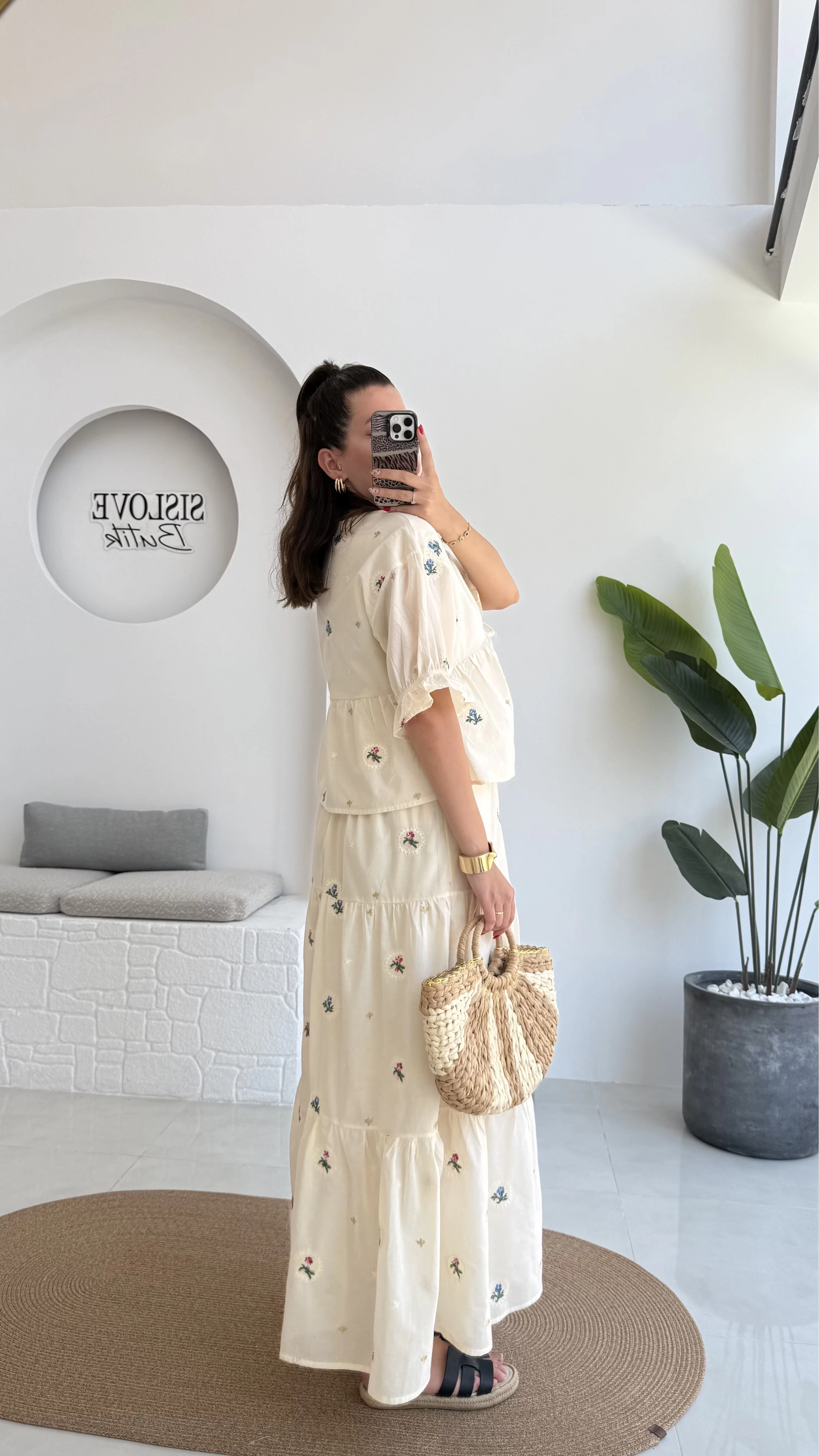 Kath Çiçek İşlemeli Bluz Etek Takım - Taş - 1042 - 5032