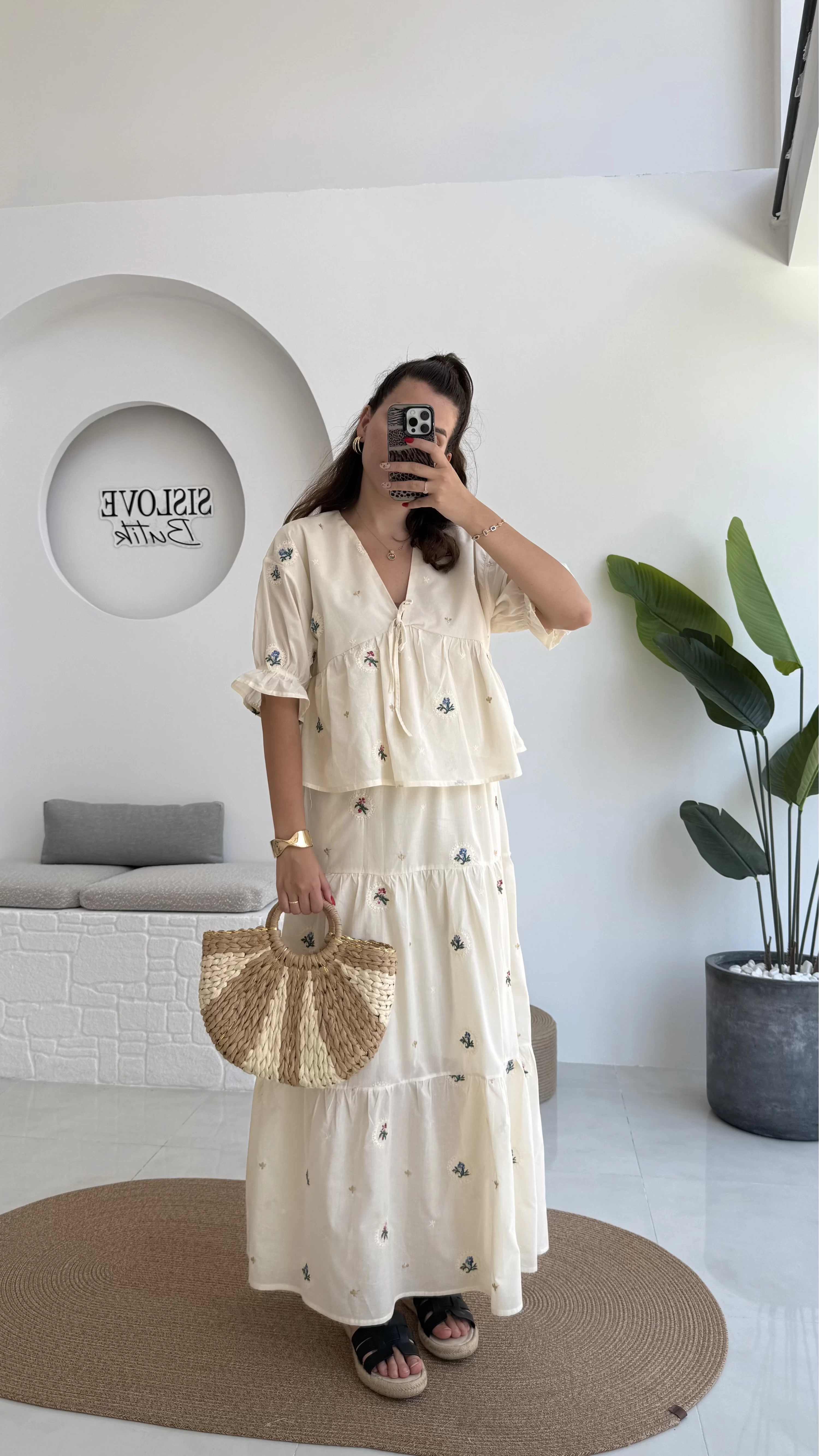 Kath Çiçek İşlemeli Bluz Etek Takım - Taş - 1042 - 5032