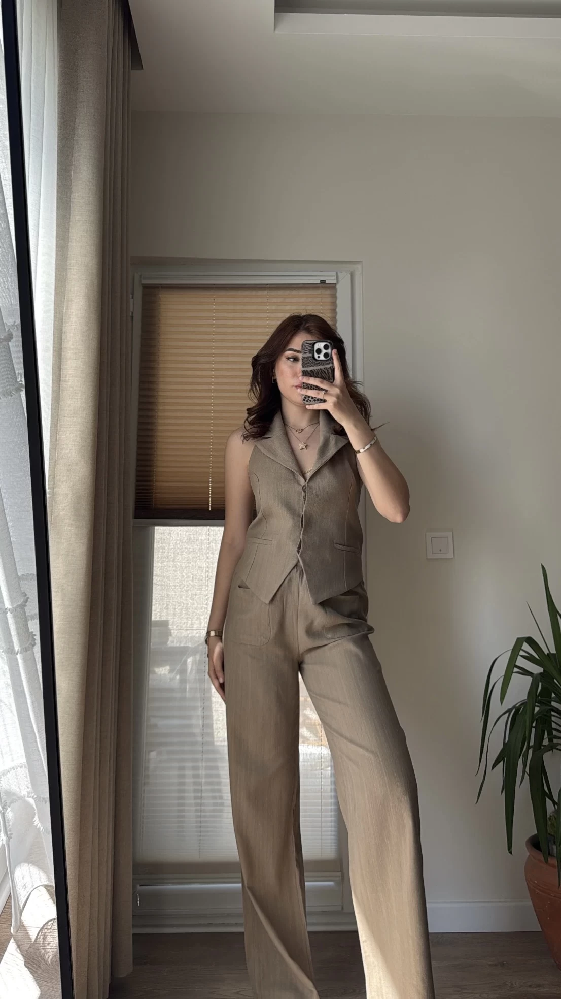 Keten Sırt Detay Yelek Pantolon Takım Haki
