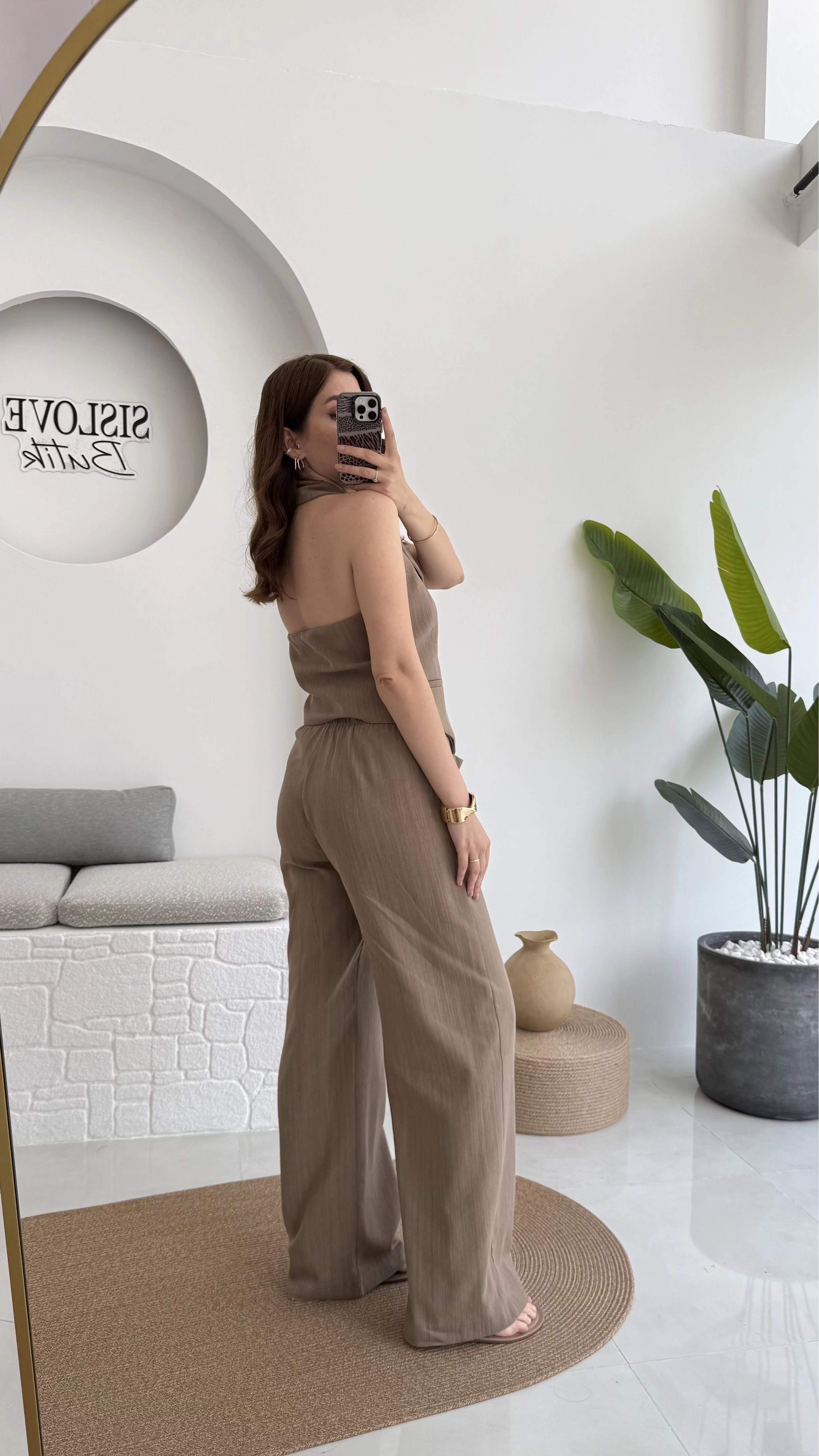 Keten Sırt Detay Yelek Pantolon Takım Vizon