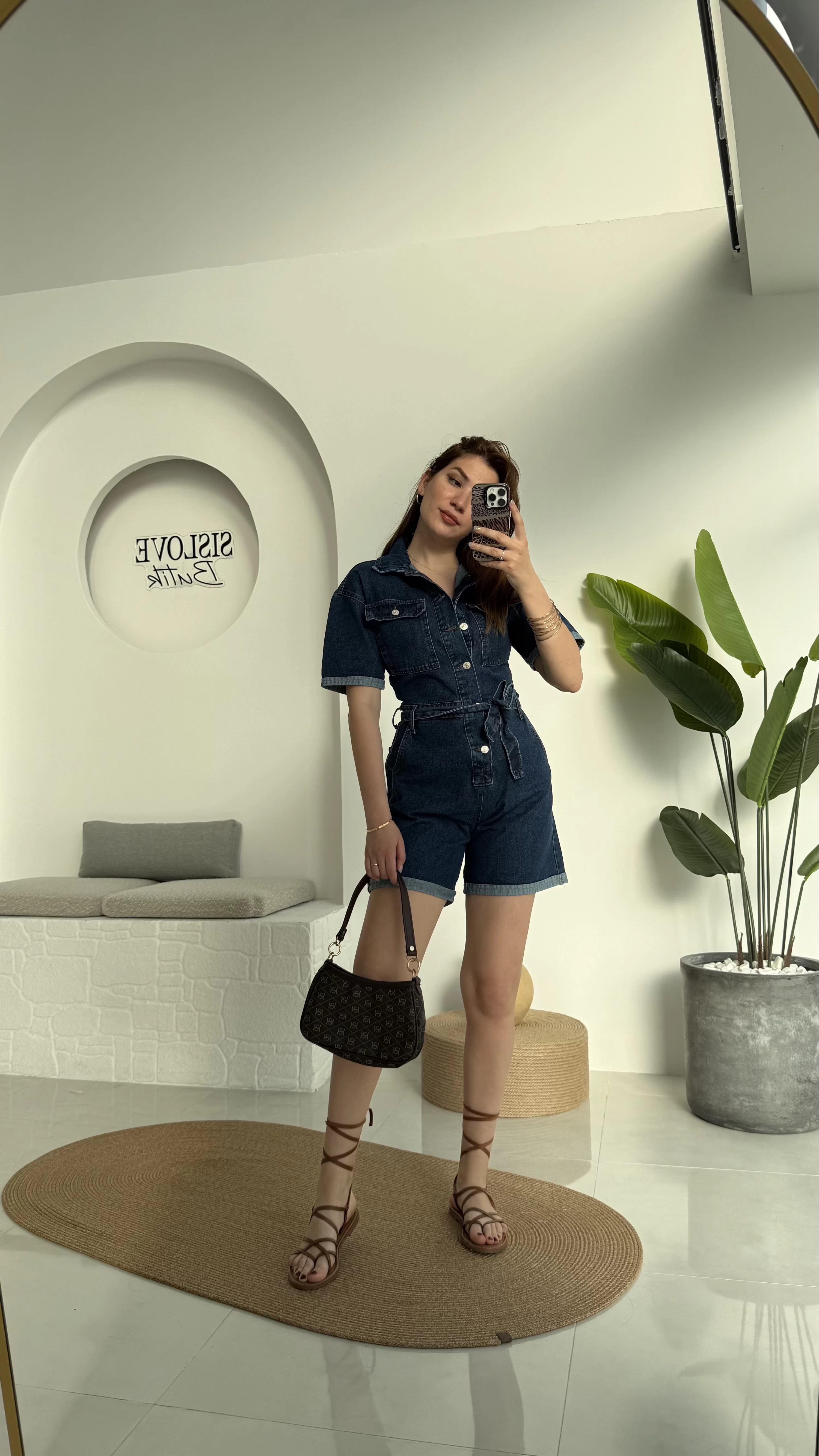 Koyu Mavi Kısa Şort Denim Tulum