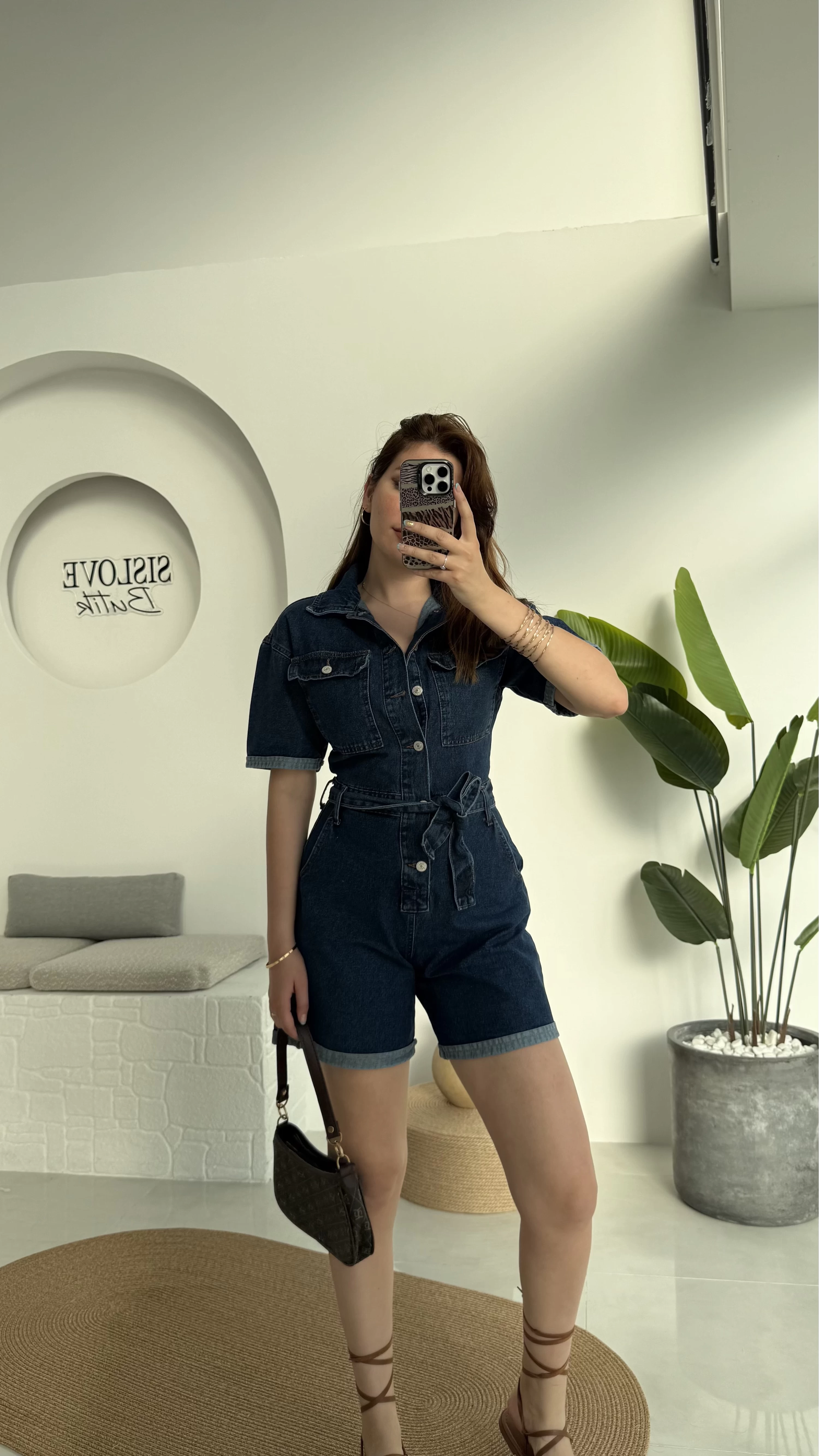 Koyu Mavi Kısa Şort Denim Tulum