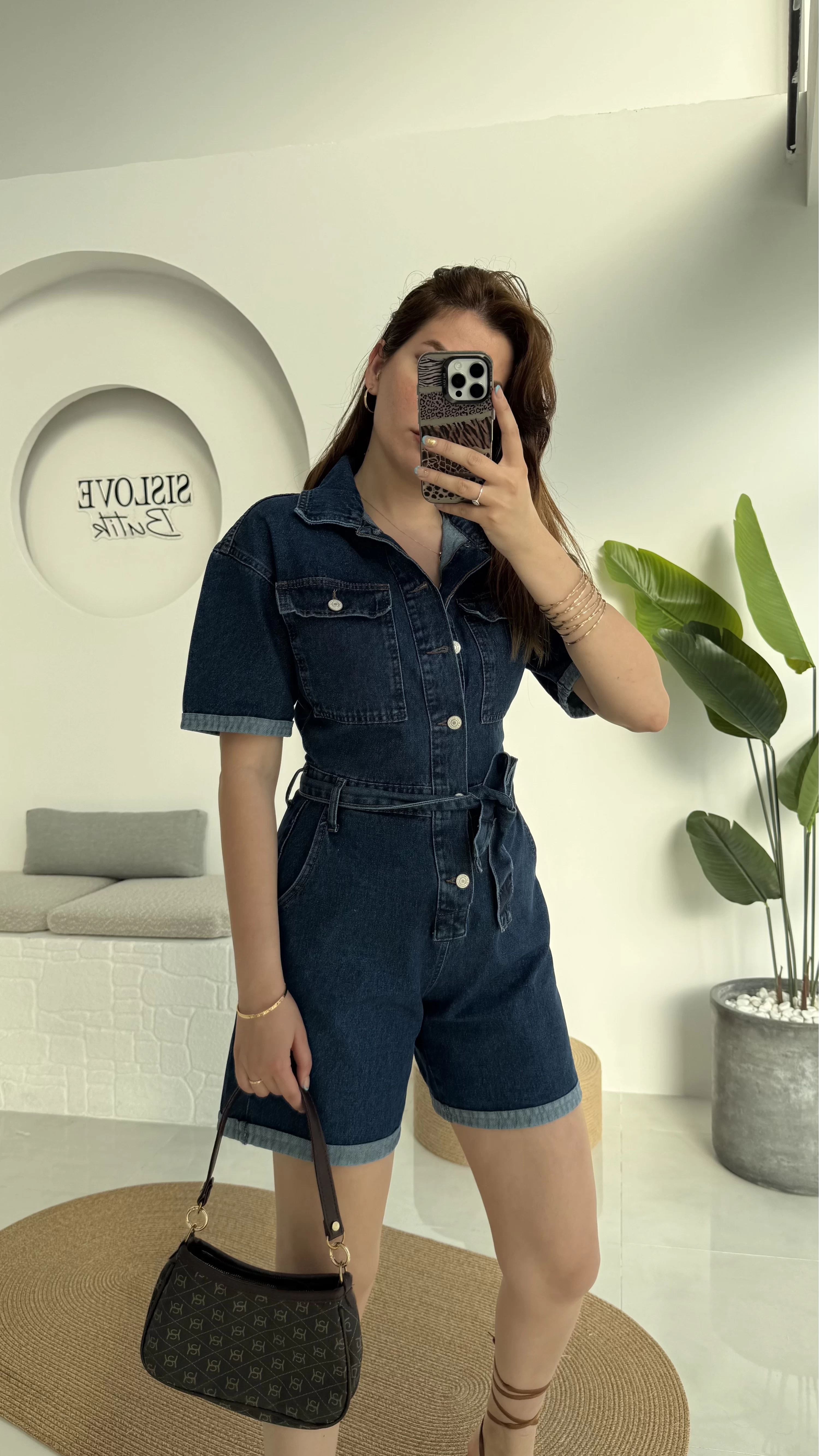 Koyu Mavi Kısa Şort Denim Tulum