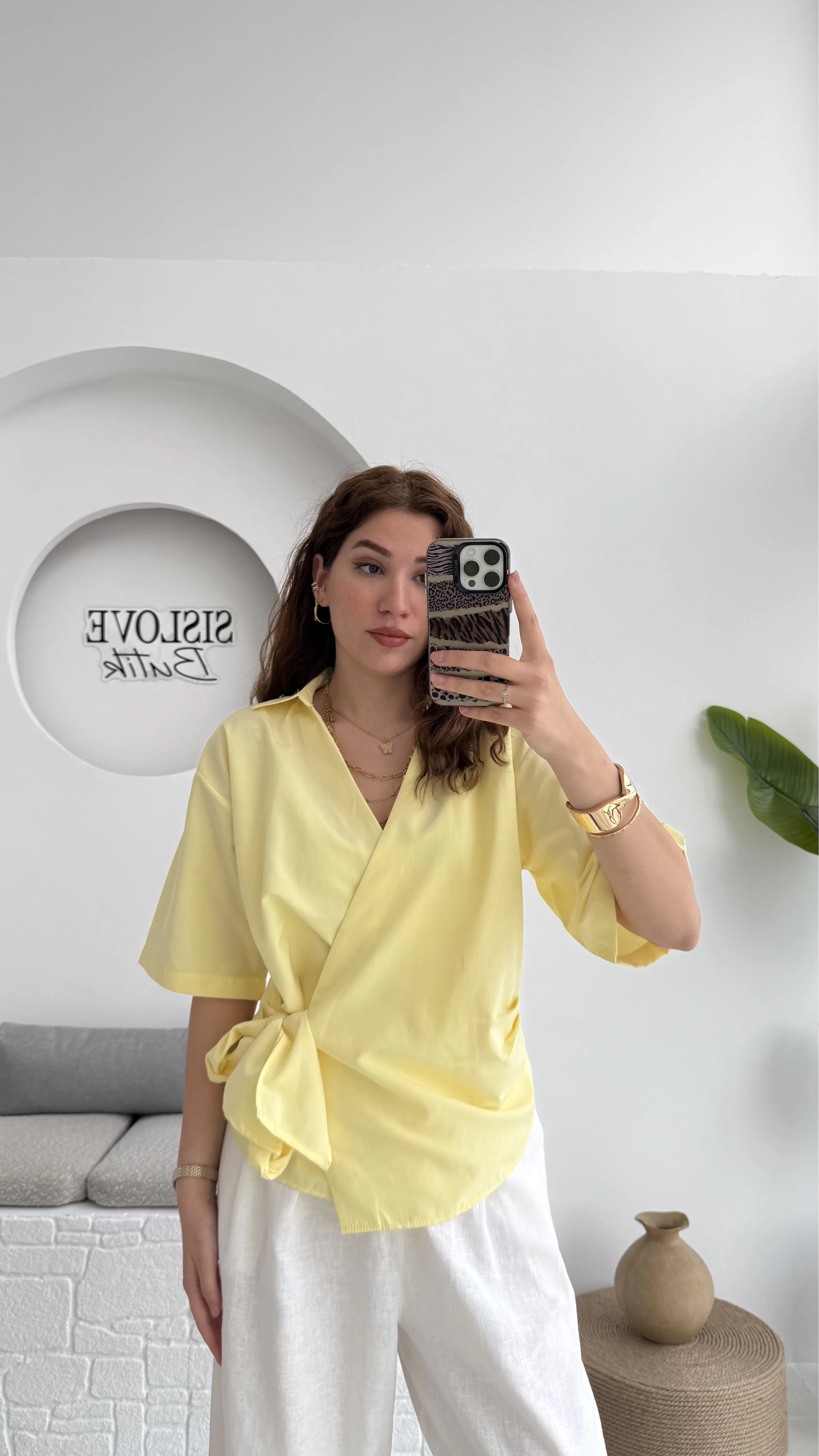 Kruvaze Yaka Bağlamalı Bluz - Sarı - 1021