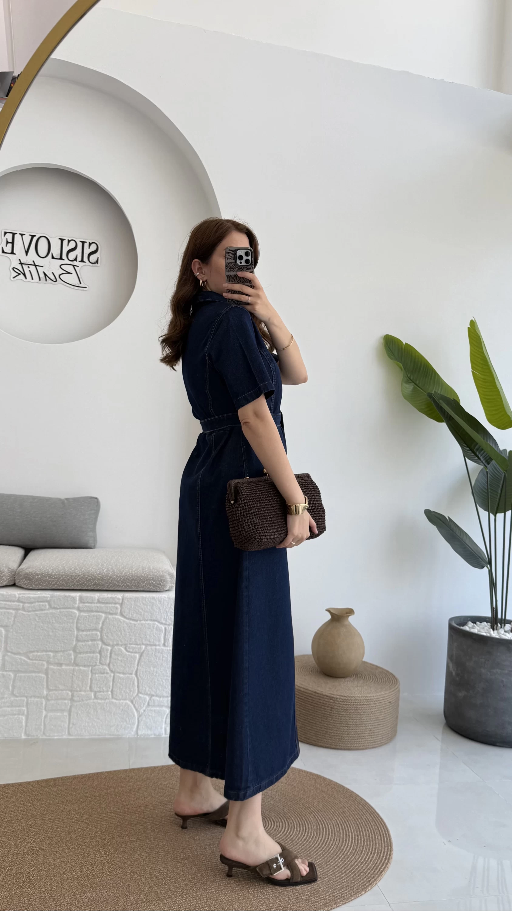 Kuşaklı Denim Uzun Elbise
