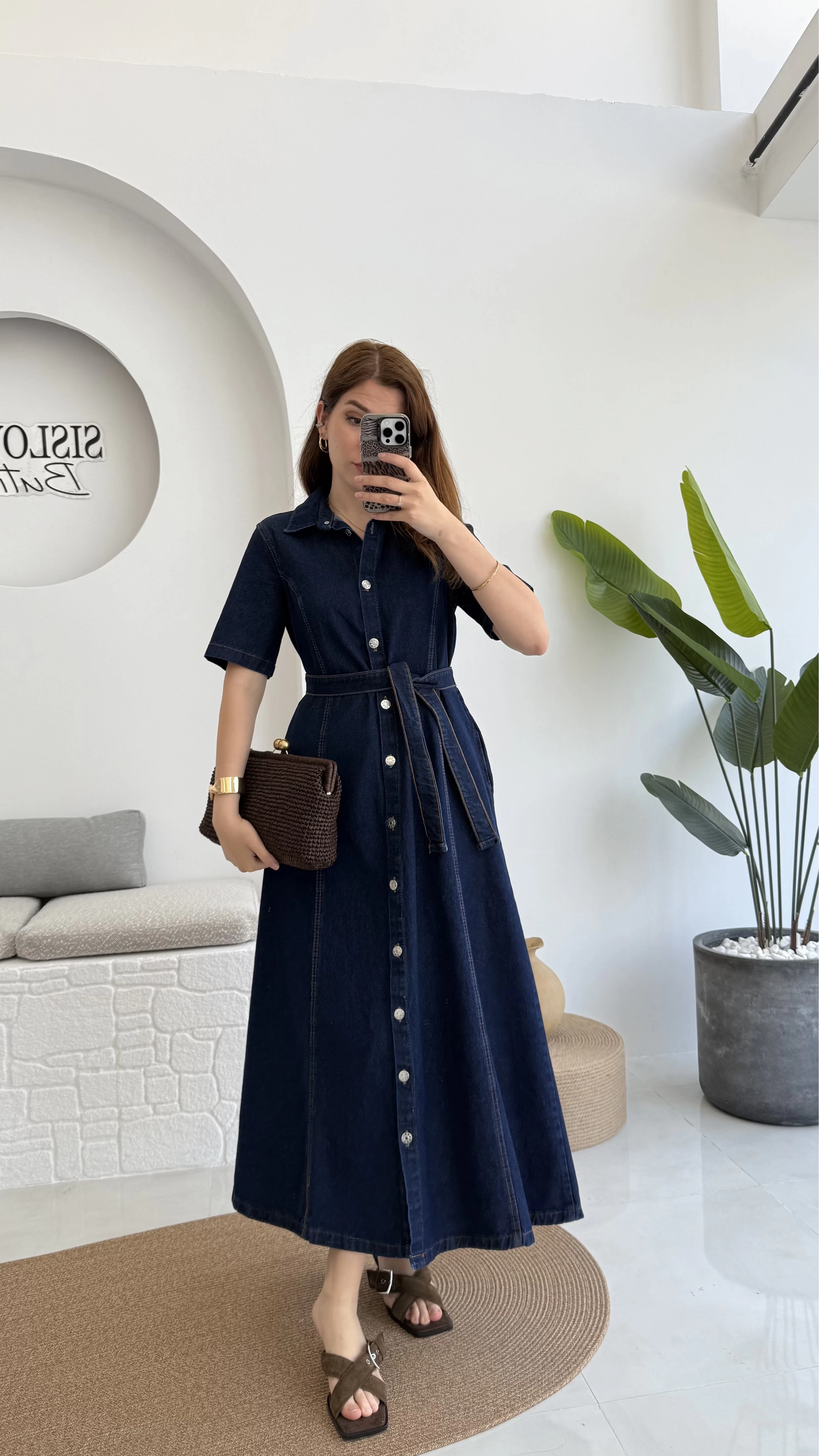 Kuşaklı Denim Uzun Elbise