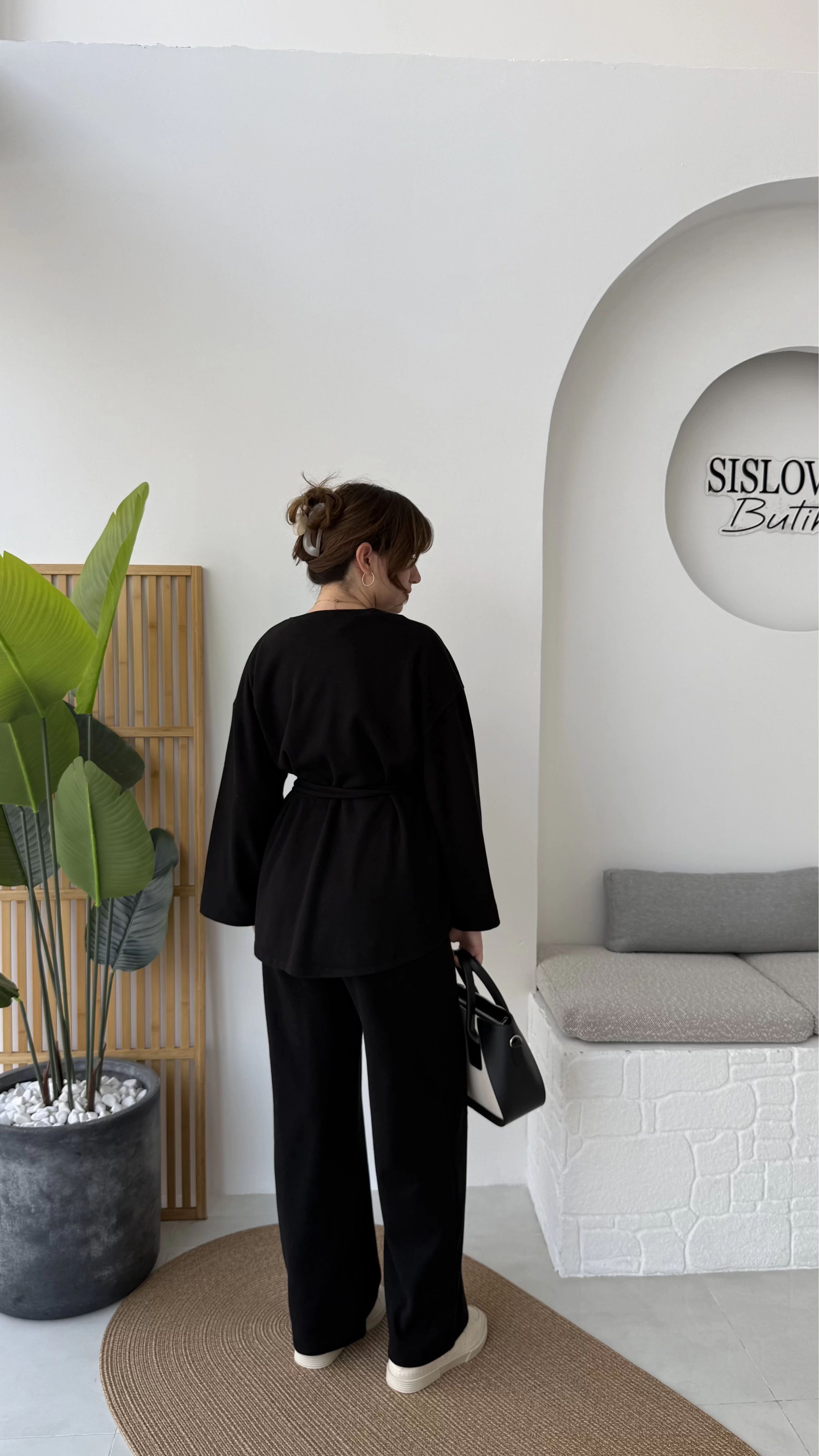 Kuşaklı Nervür Dikişli Örme Takım - Siyah - Kod: 8839