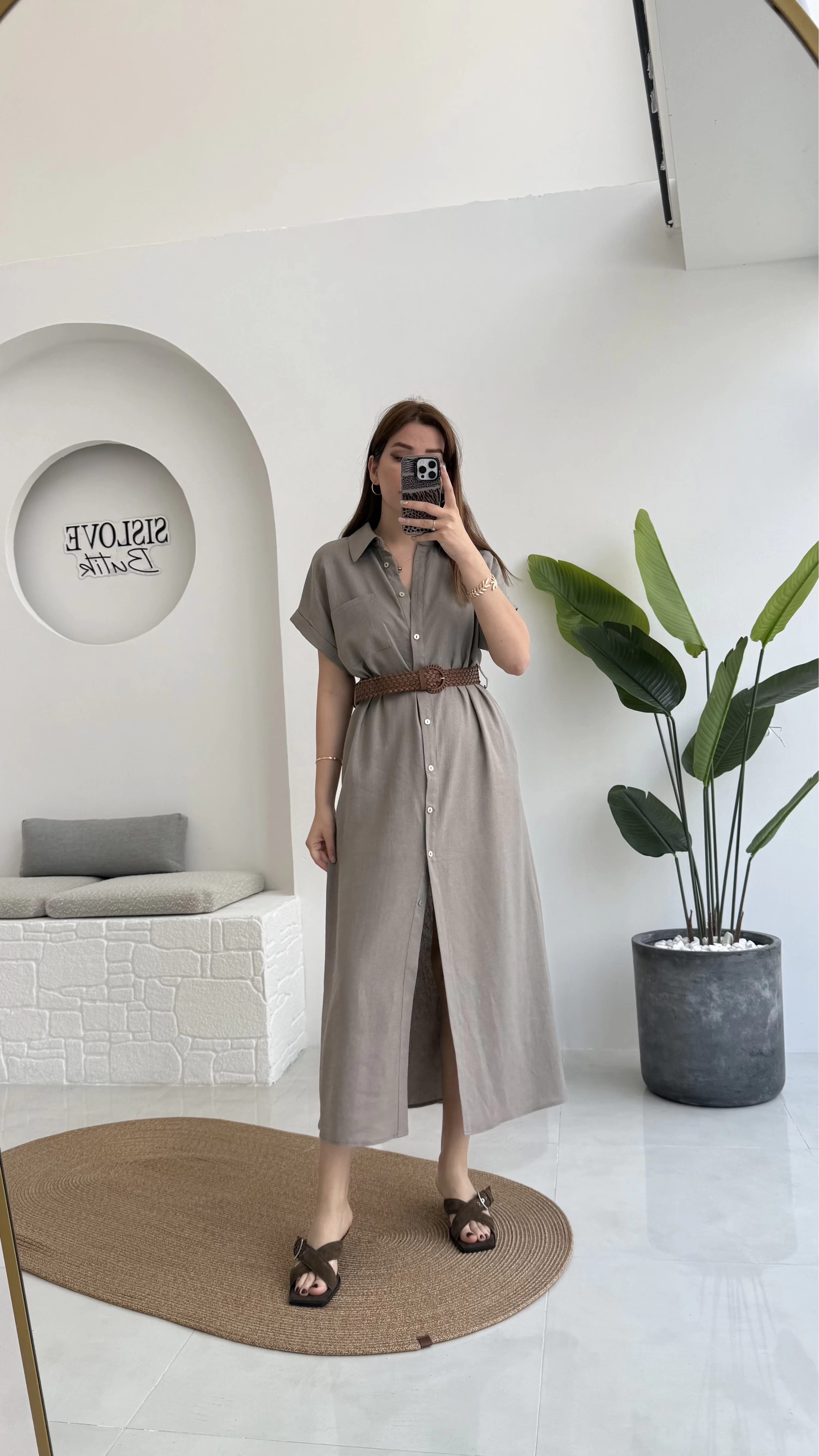 Lale Kısa Kollu Kemerli Gömlek Elbise - Vizon - 3307