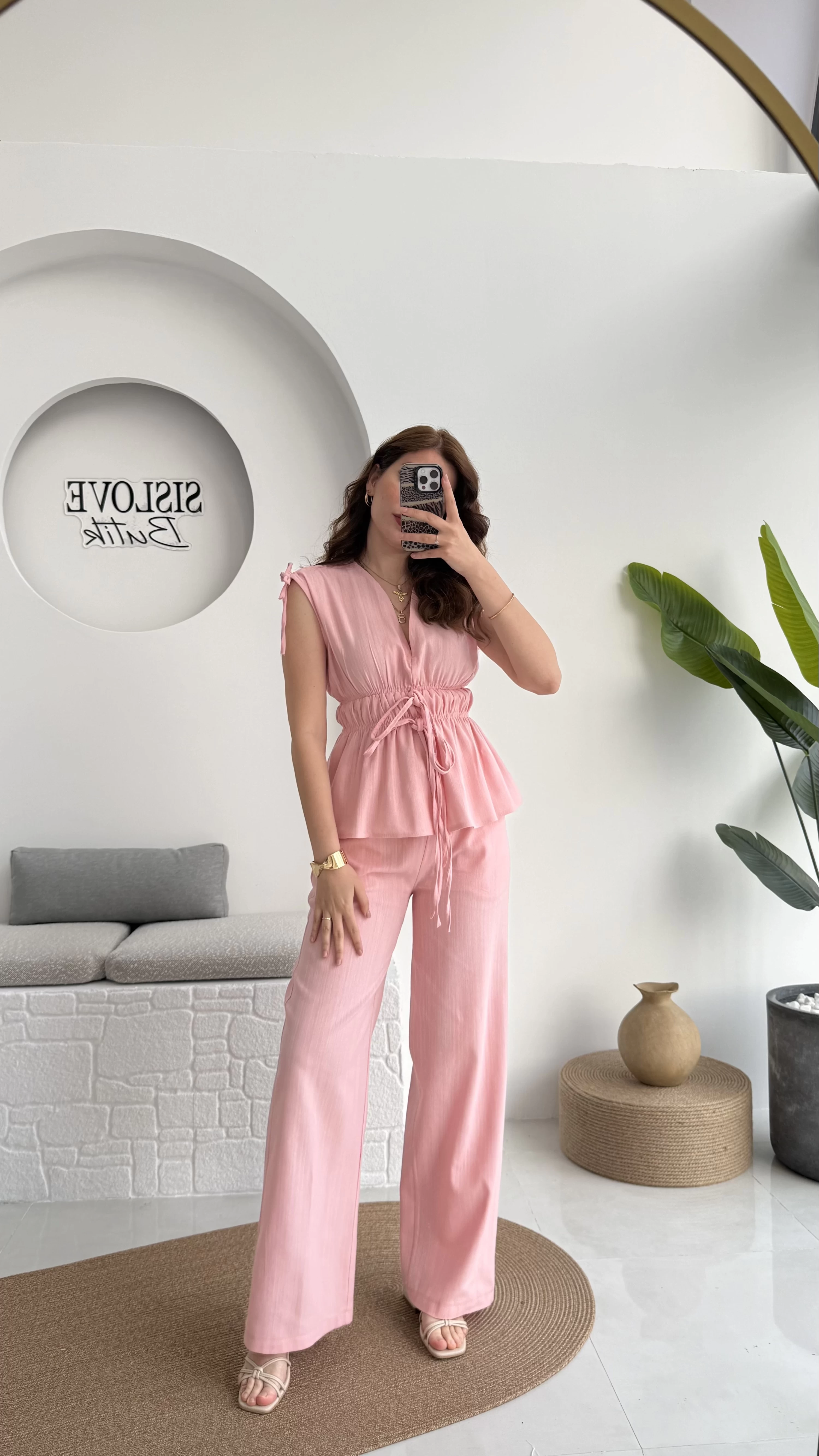 Lastik Detay Bluz Takım - Pembe