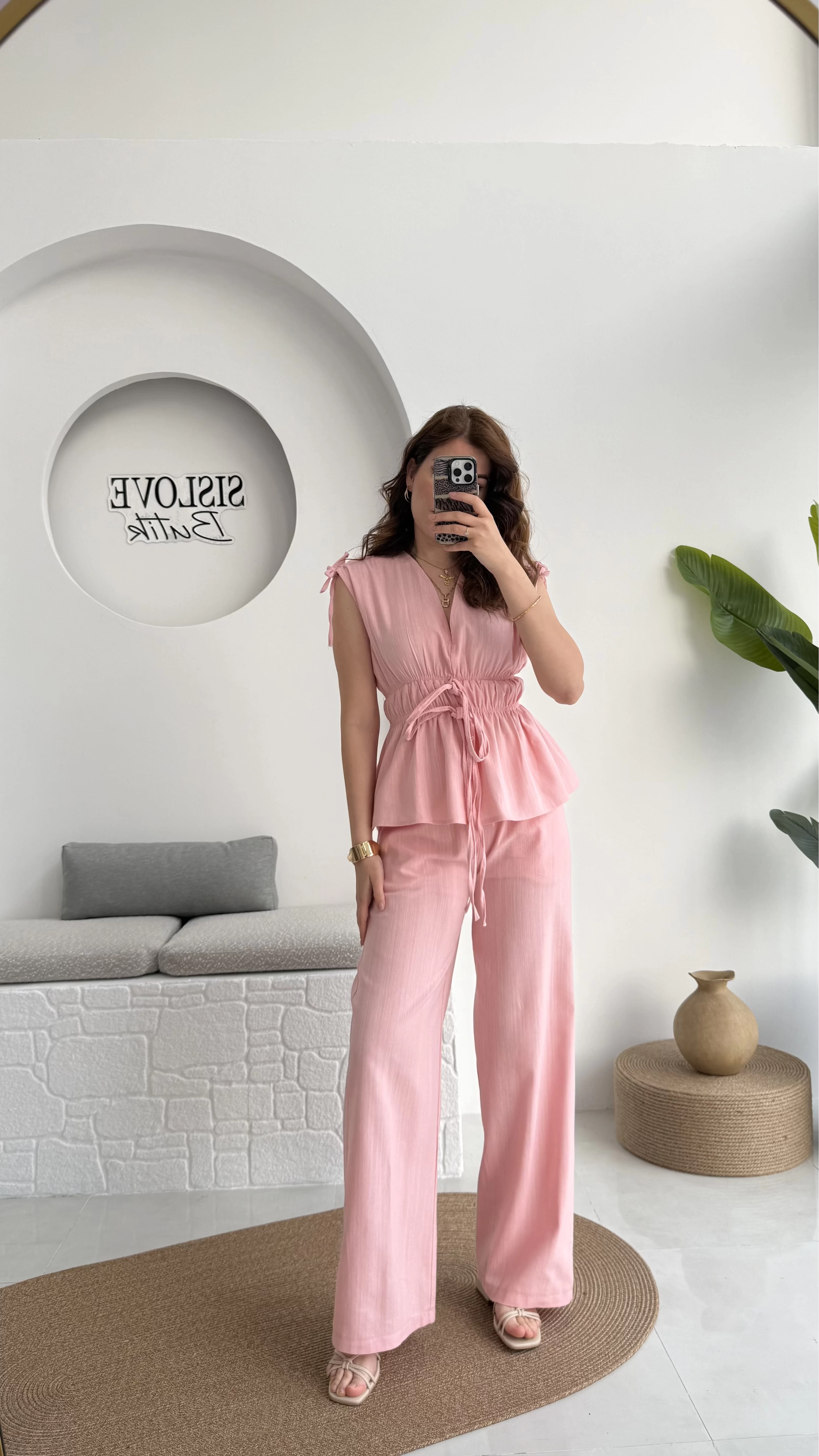 Lastik Detay Bluz Takım - Pembe