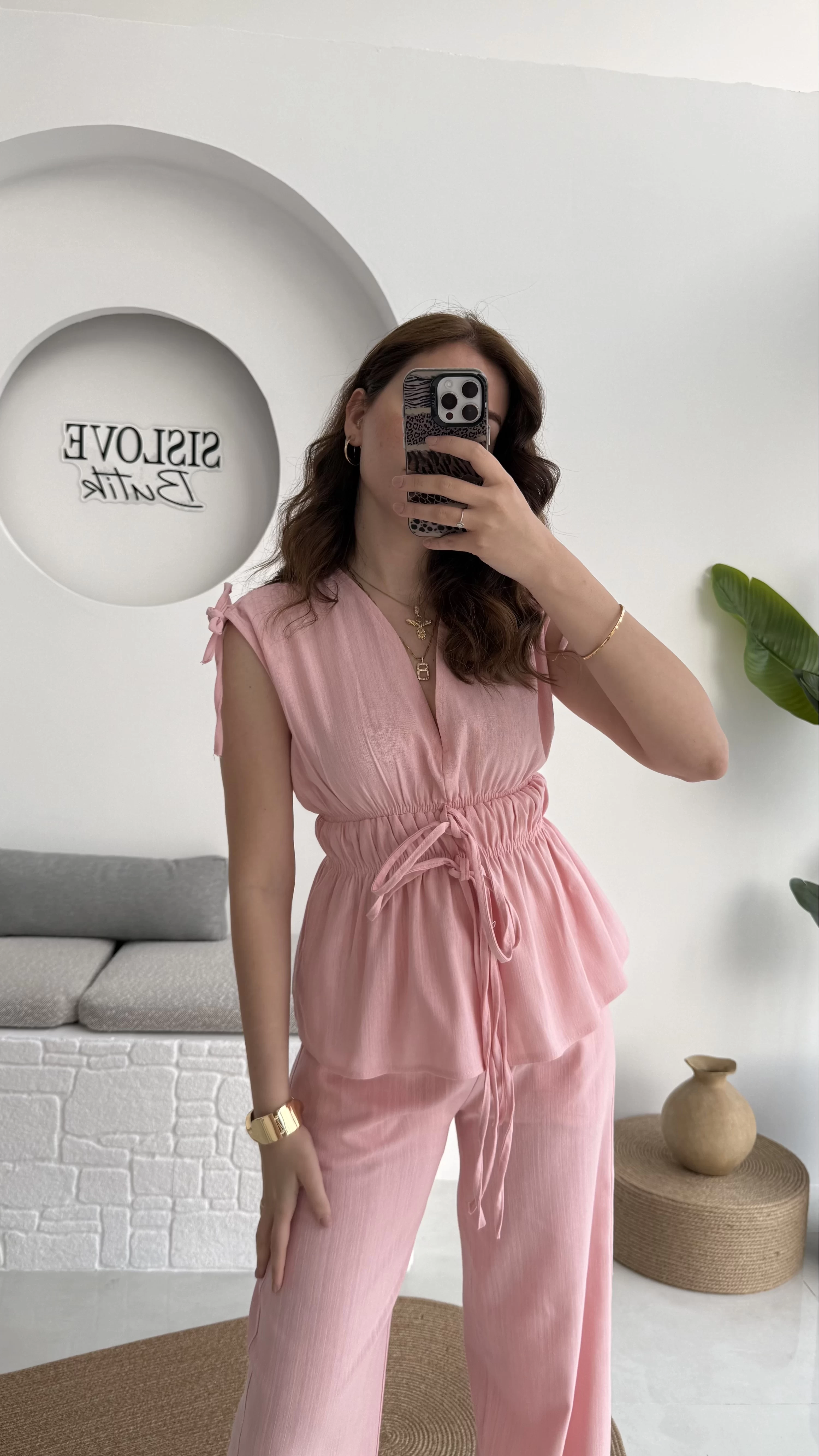 Lastik Detay Bluz Takım - Pembe