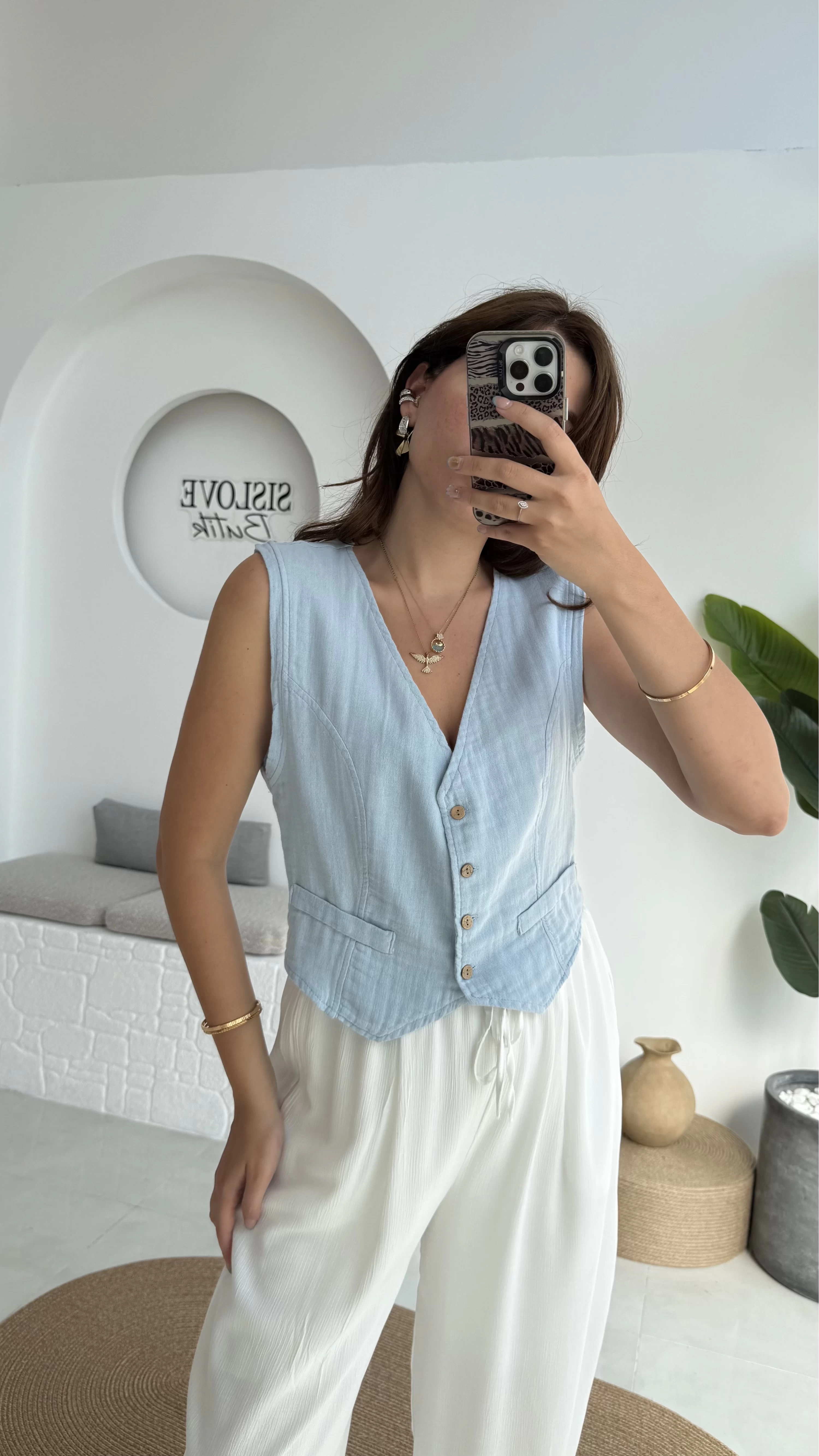 Lemon Düğmeli Kısa Yelek - Bebe Mavisi