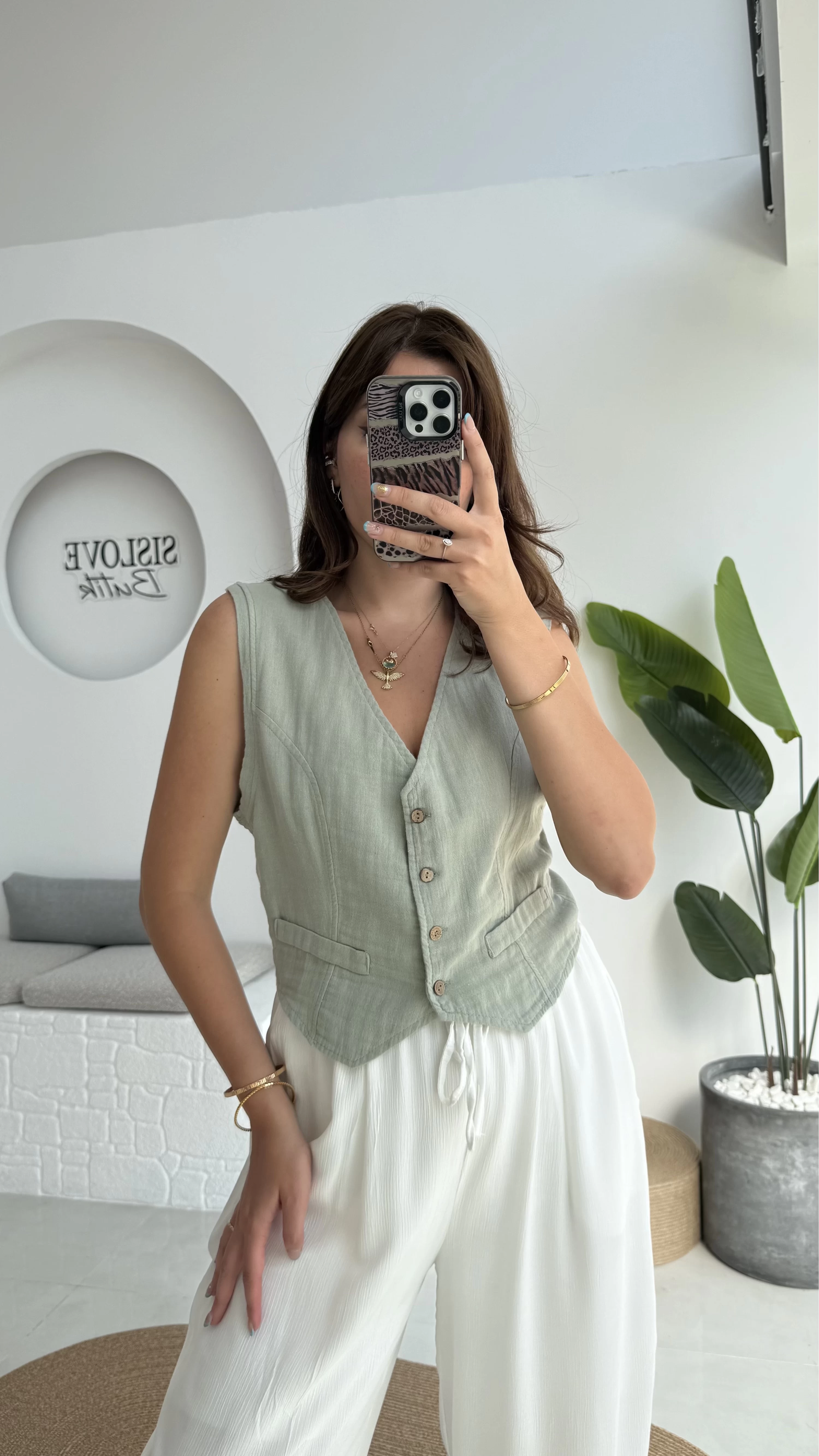 Lemon Düğmeli Kısa Yelek - Mint