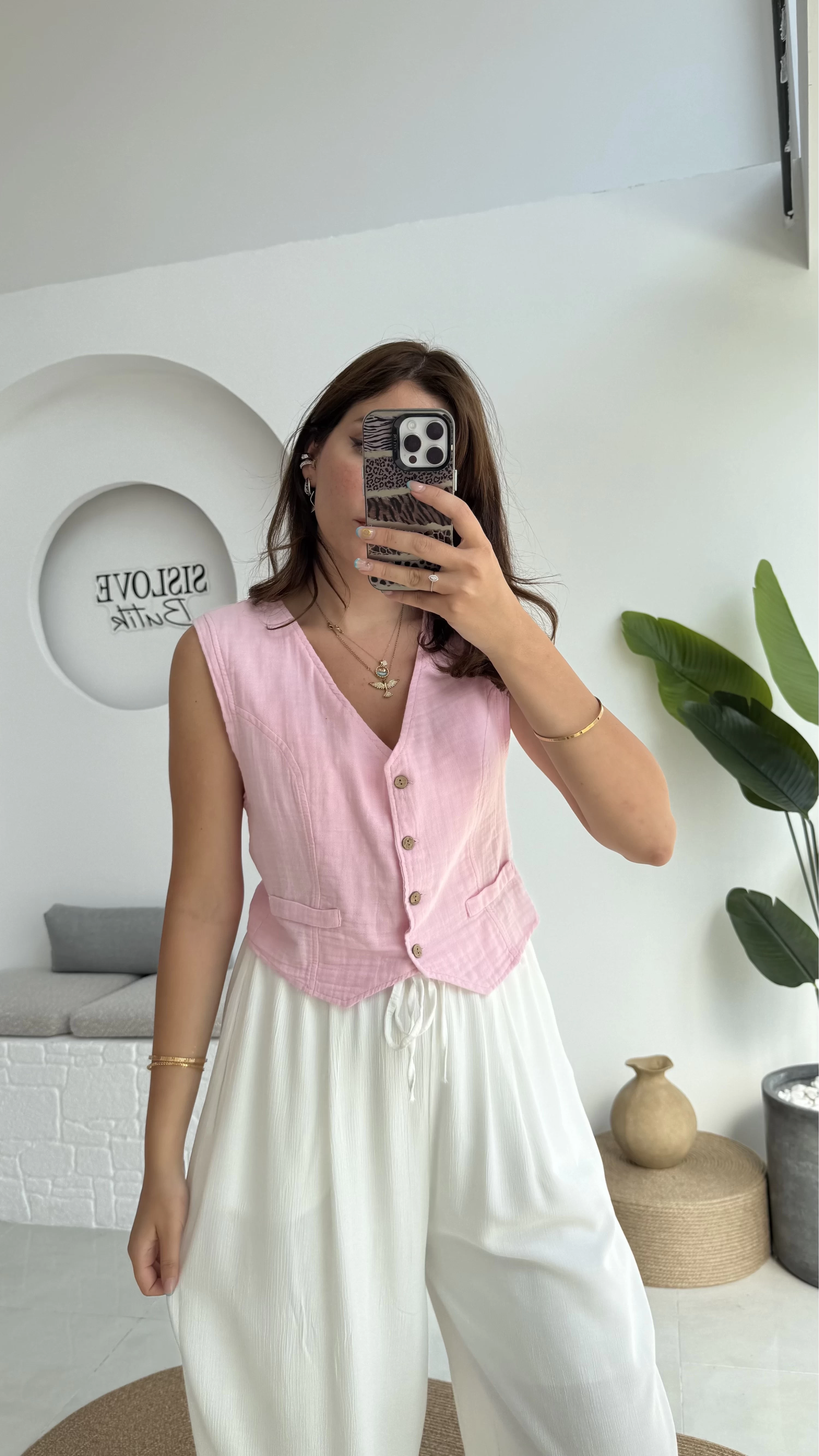 Lemon Düğmeli Kısa Yelek - Pembe