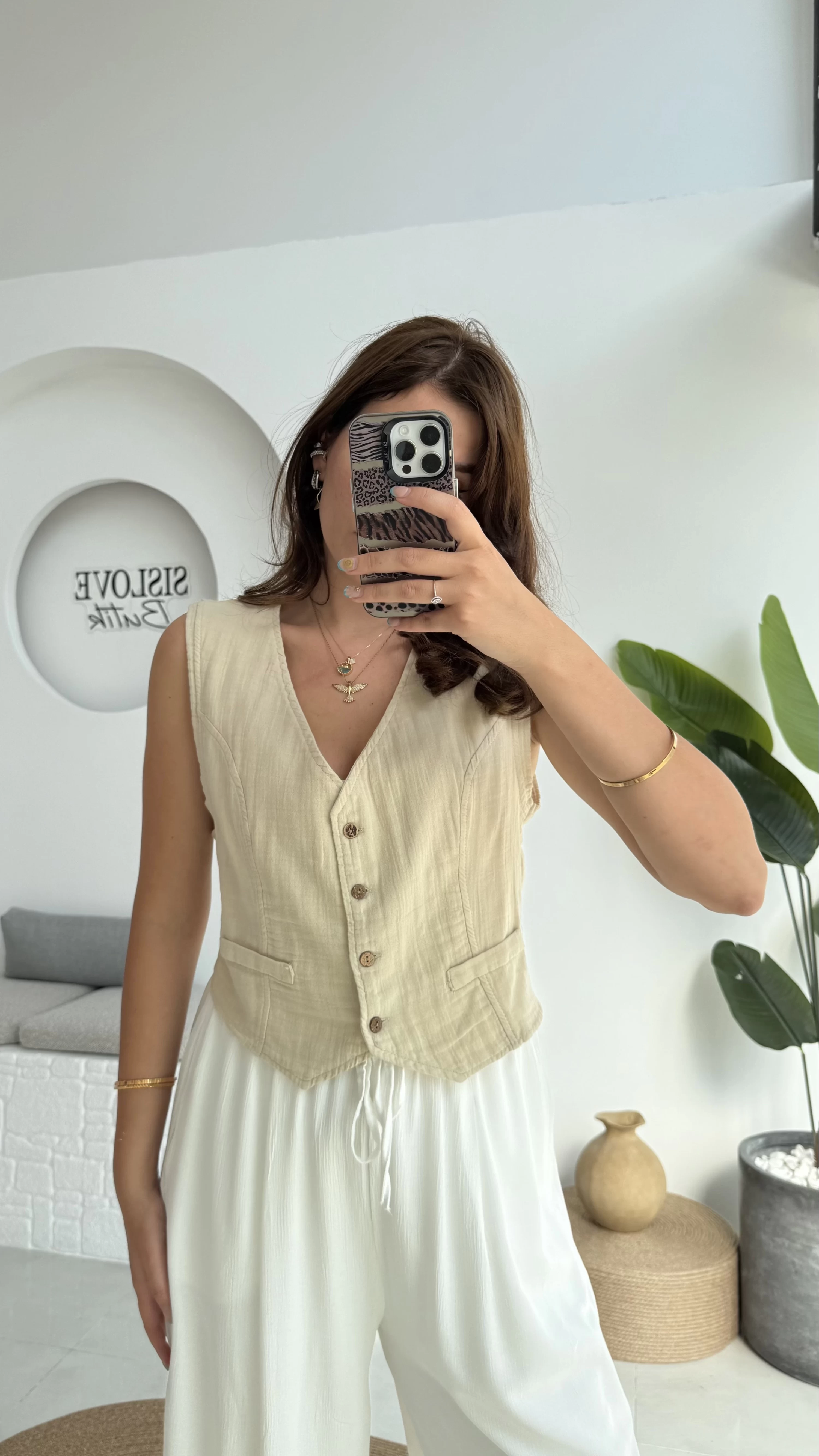 Lemon Düğmeli Kısa Yelek - Taş