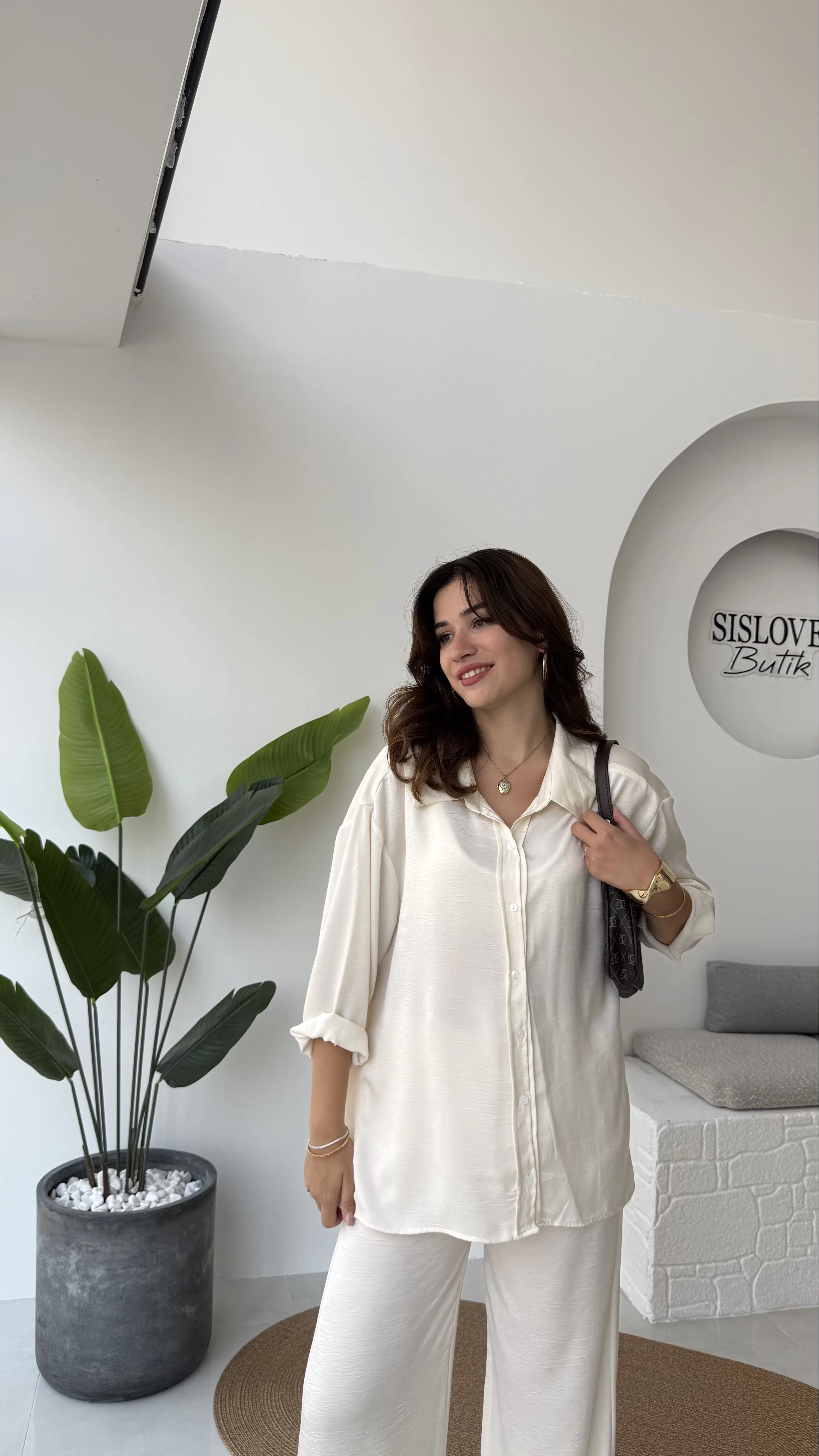Lida Saten Gömlek Pantolon Takım - Ekru - Kod: 6022