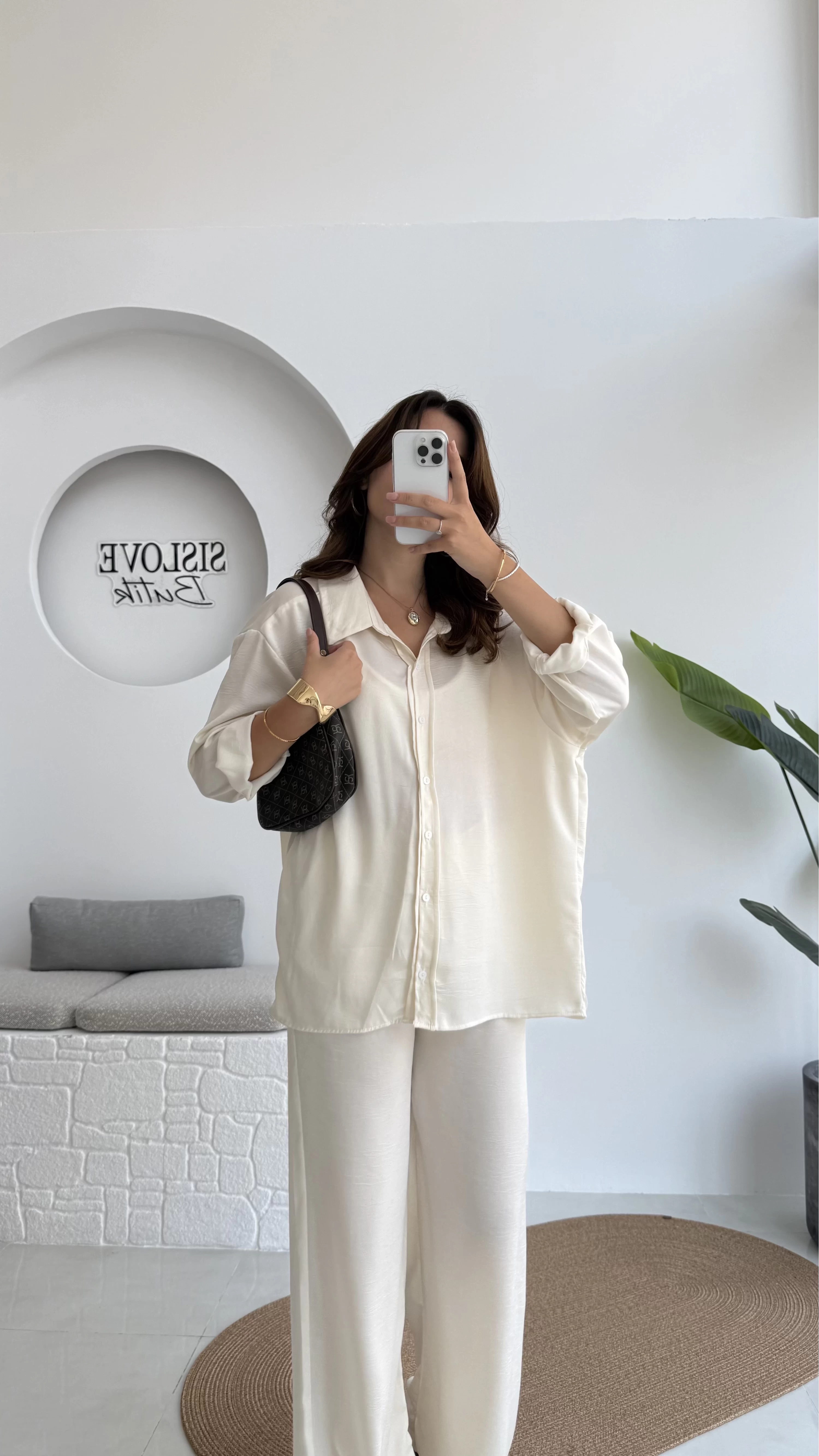 Lida Saten Gömlek Pantolon Takım - Ekru - Kod: 6022