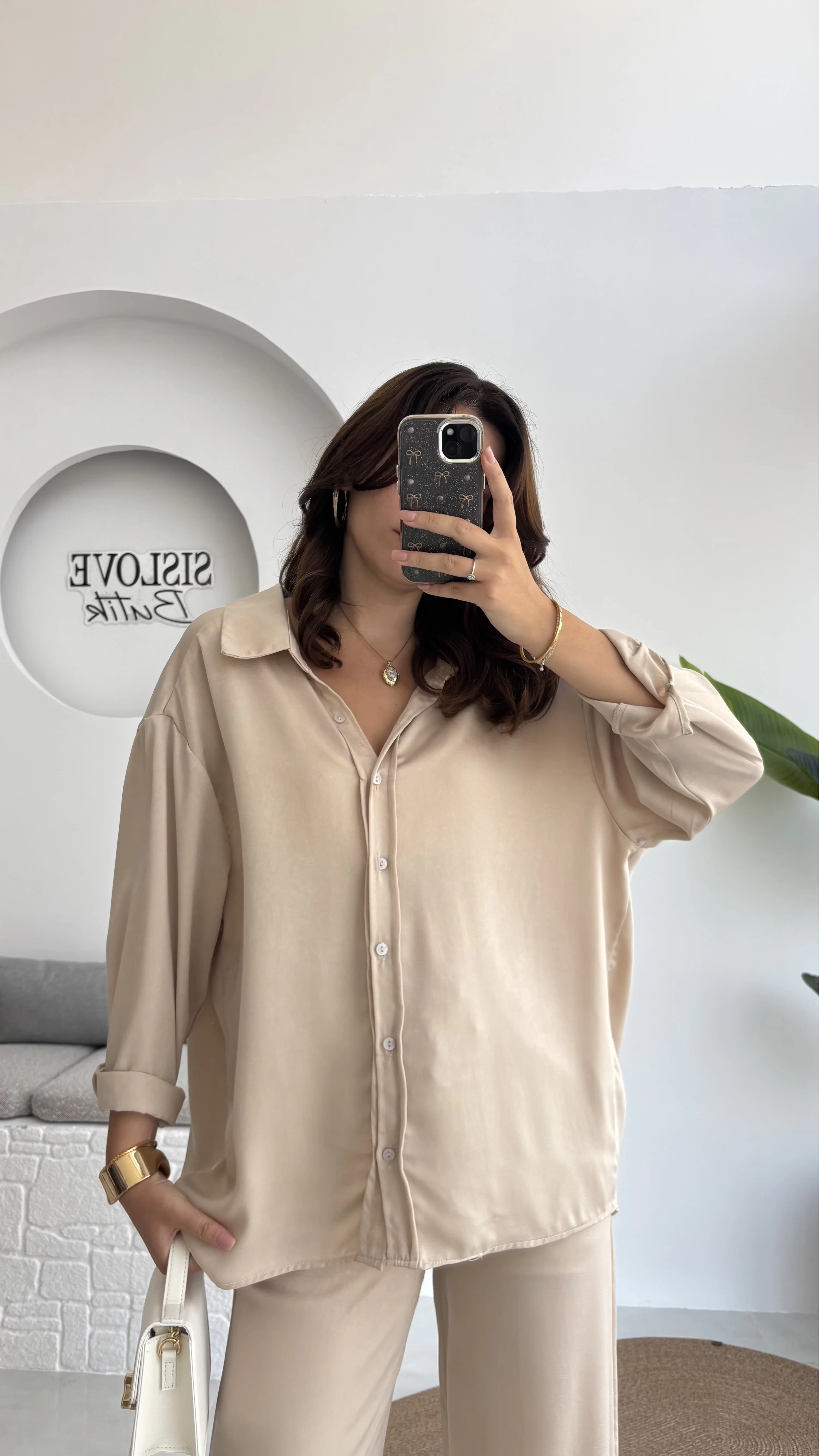 Lida Saten Gömlek Pantolon Takım - Vizon - Kod: 6022