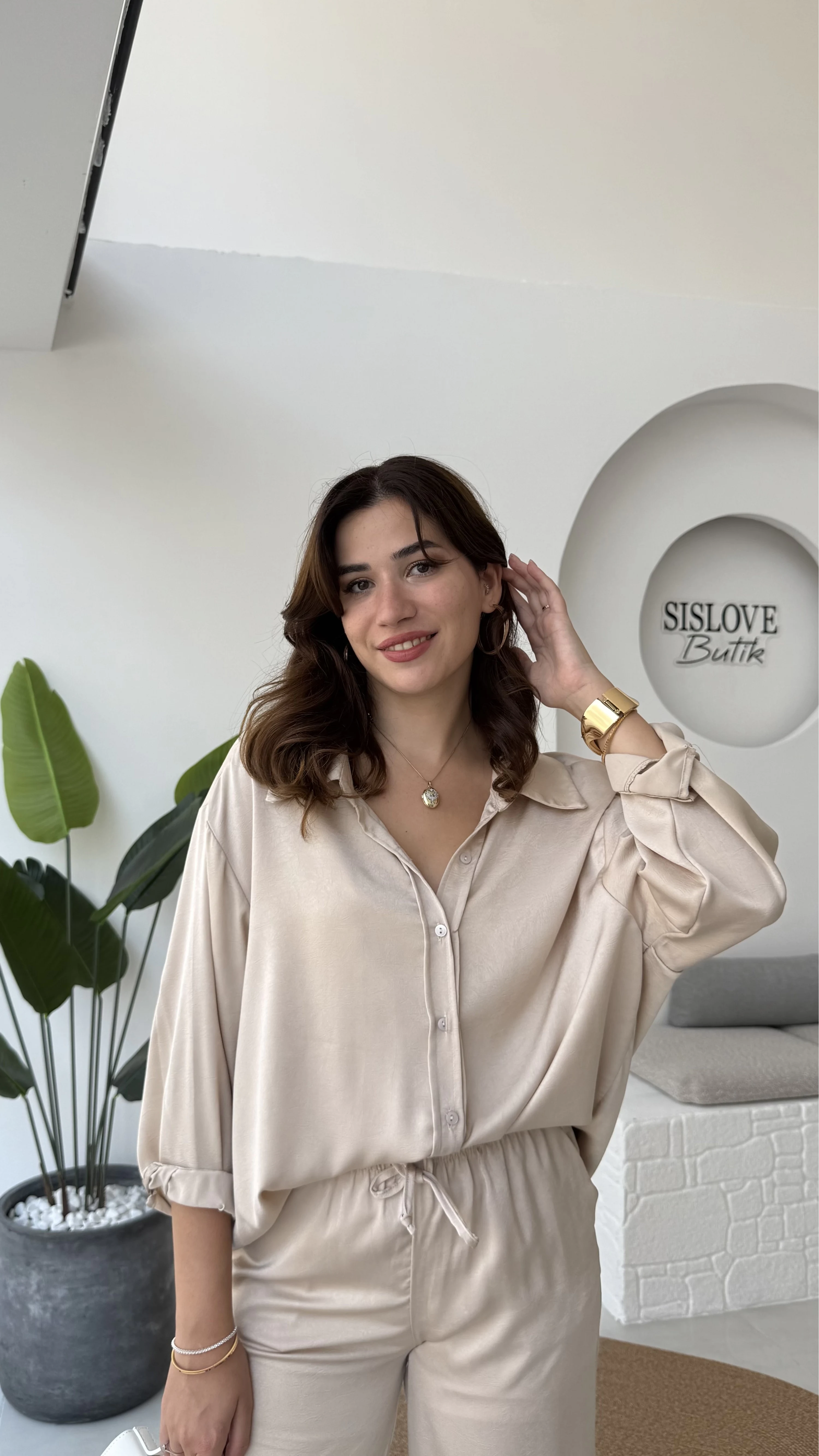 Lida Saten Gömlek Pantolon Takım - Vizon - Kod: 6022