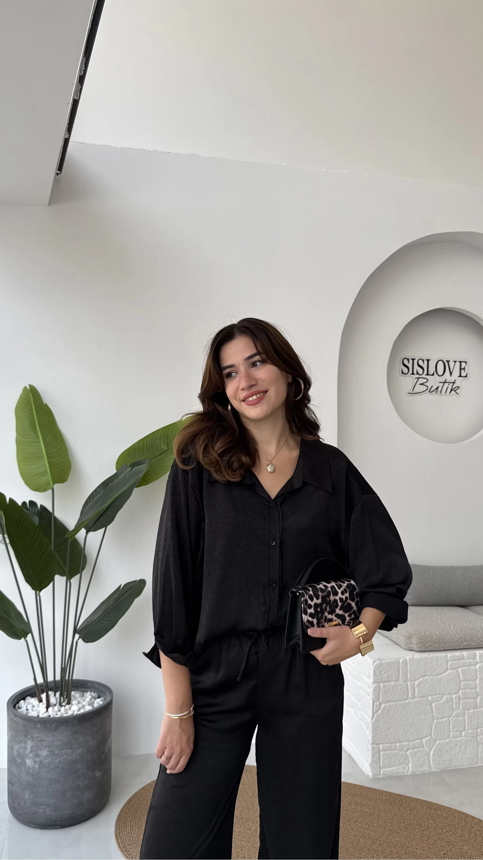 Lida Saten Gömlek Pantolon Takım - Siyah - Kod: 6022