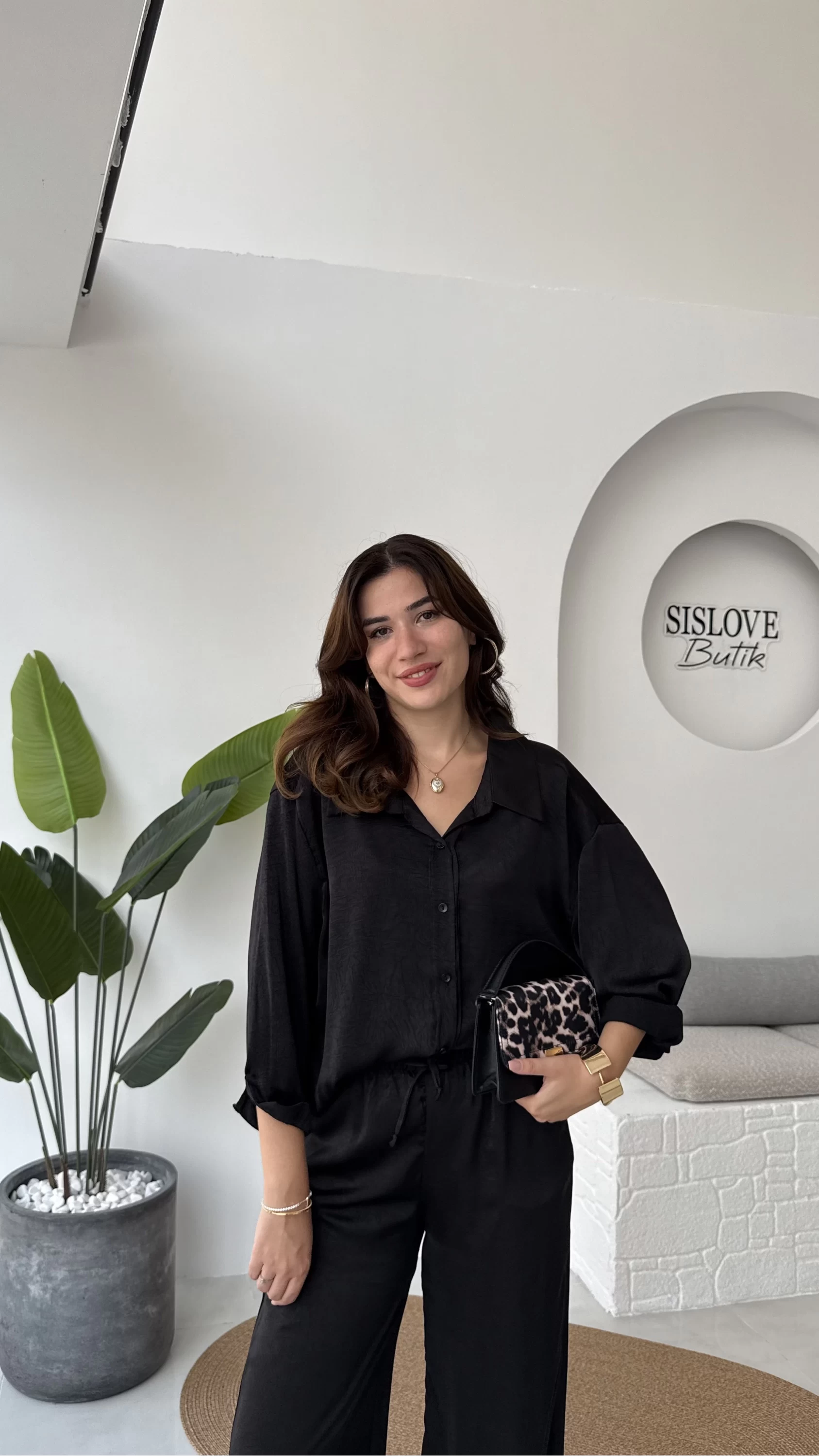 Lida Saten Gömlek Pantolon Takım - Siyah - Kod: 6022