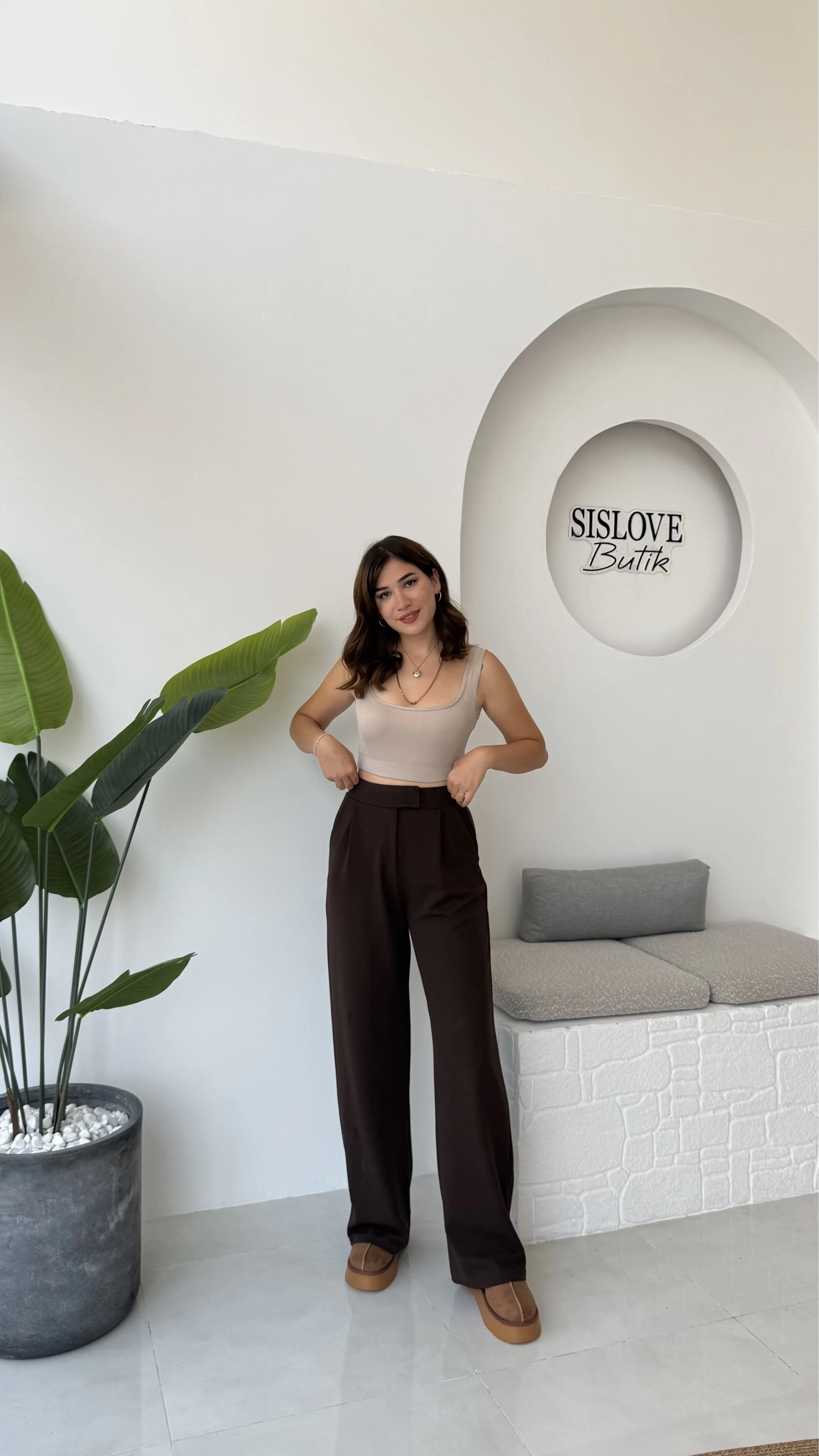Likralı Cırtlı Palazzo Pantolon - Kahve