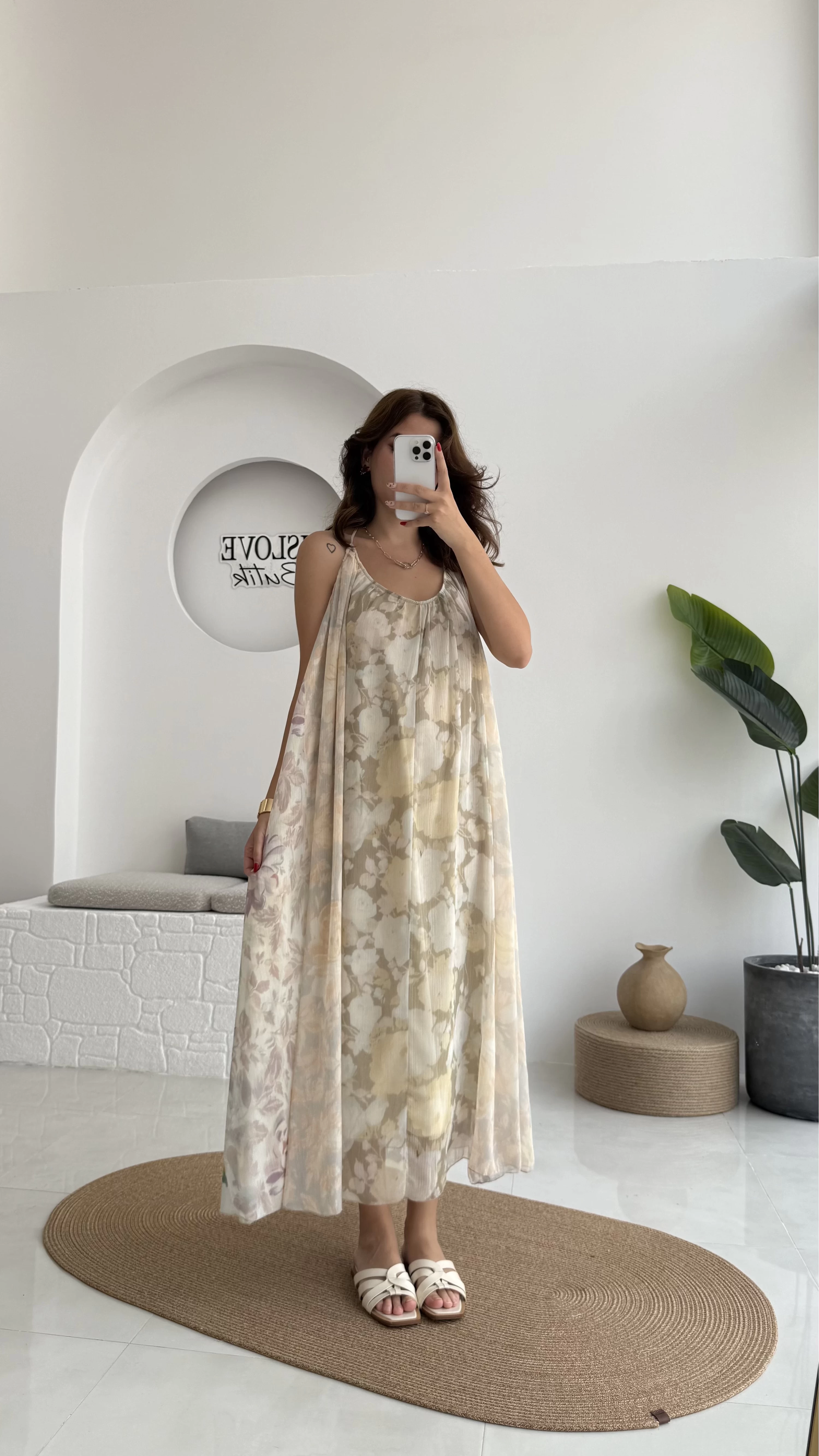 Lime Askılı Dökümlü Elbise - Açık Ton 1 - 3321