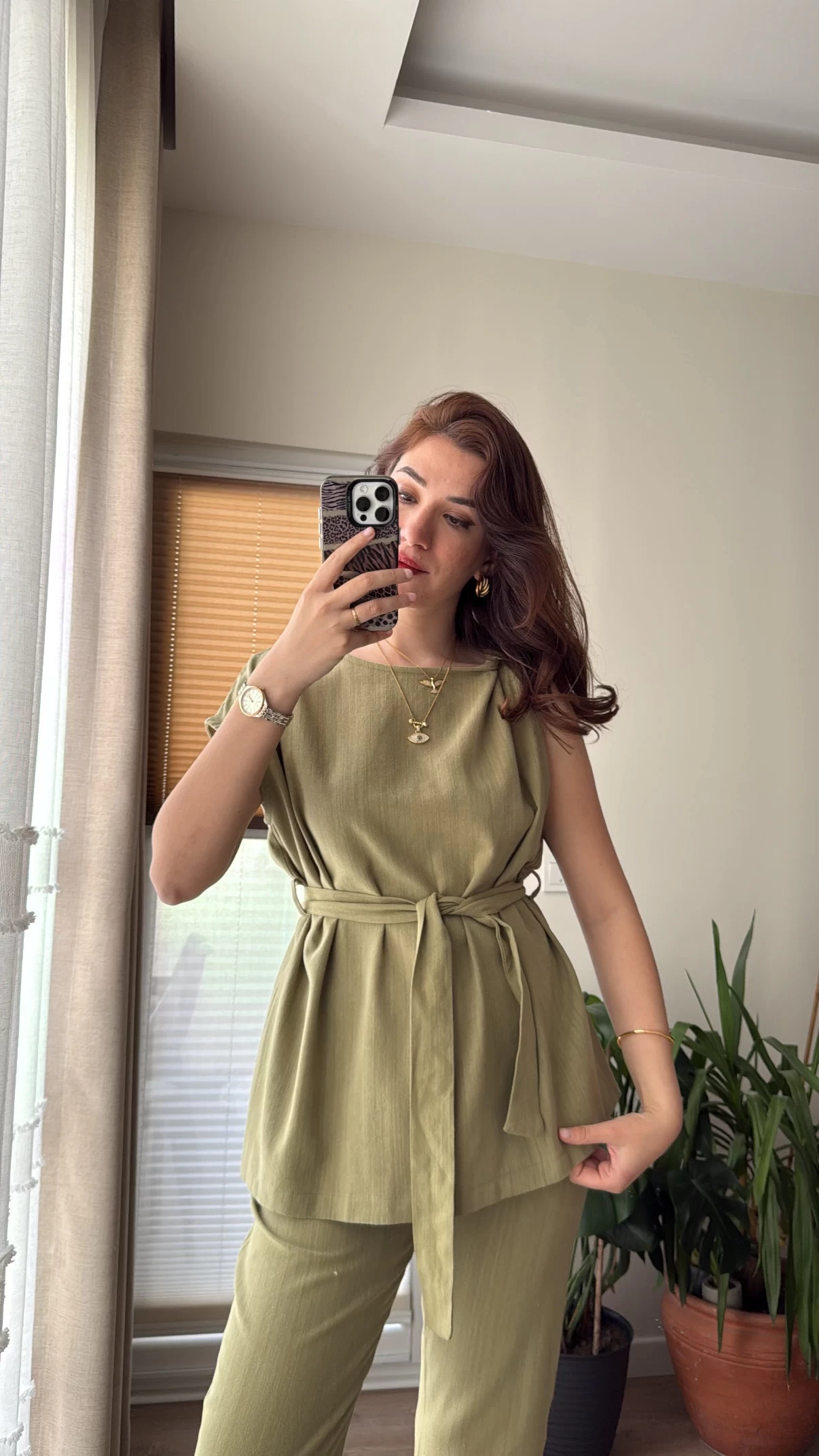 Lipa Omuz Detay Kuşaklı Takım - Haki - 8644