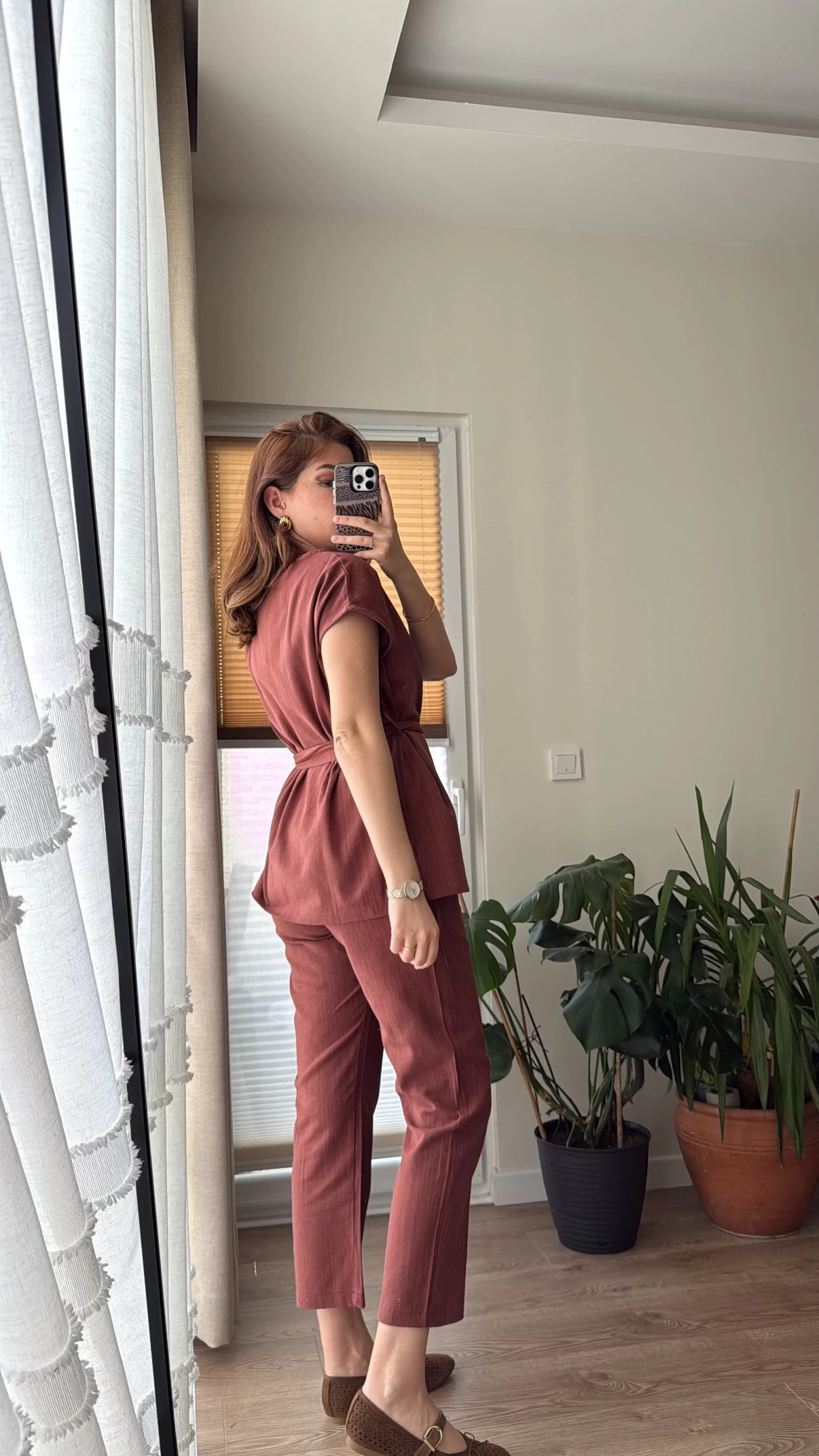 Lipa Omuz Detay Kuşaklı Takım - Kiremit - 8644