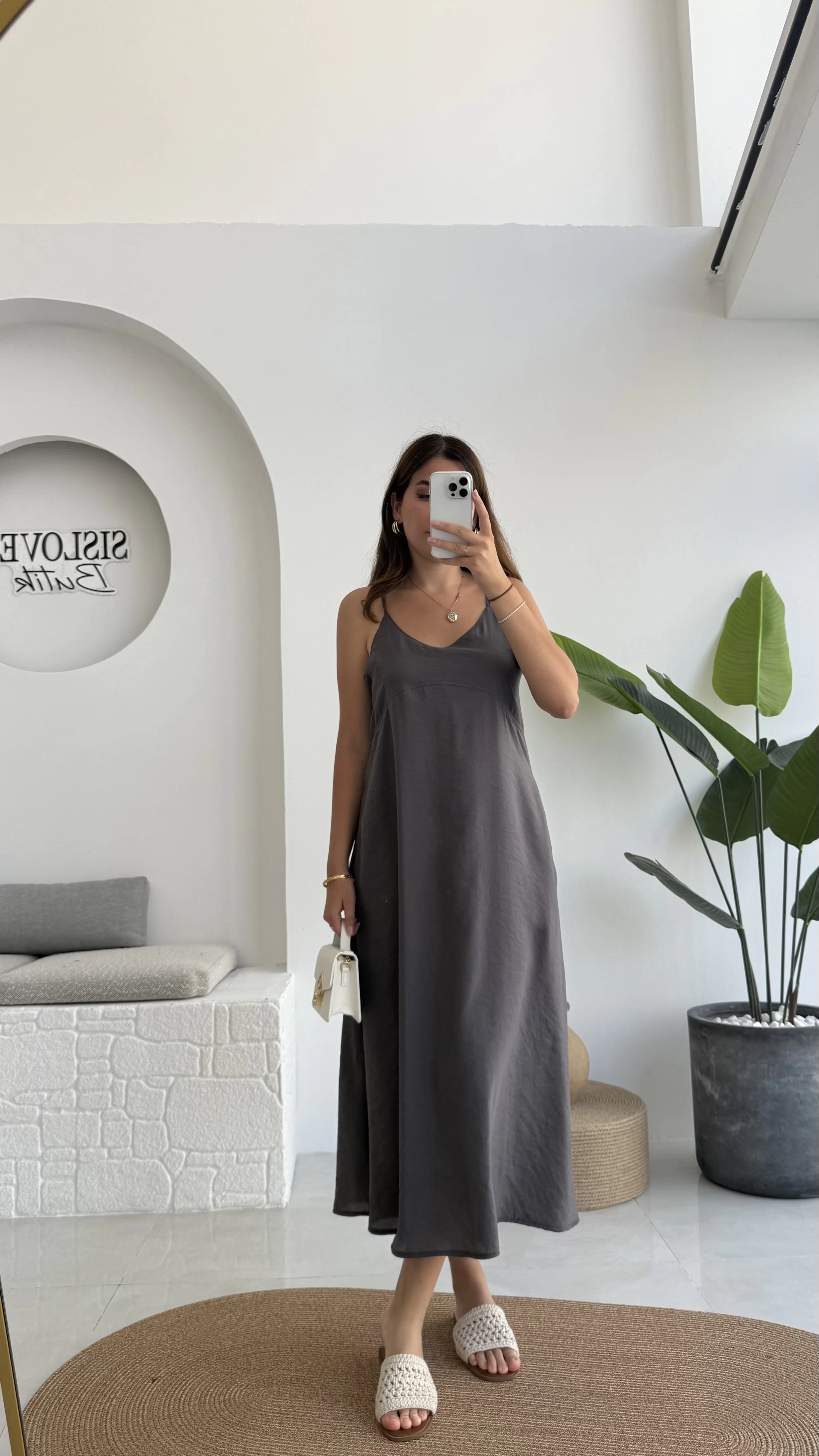 Marien Askılı Modal Elbise - Koyu Gri - Kod: 6020