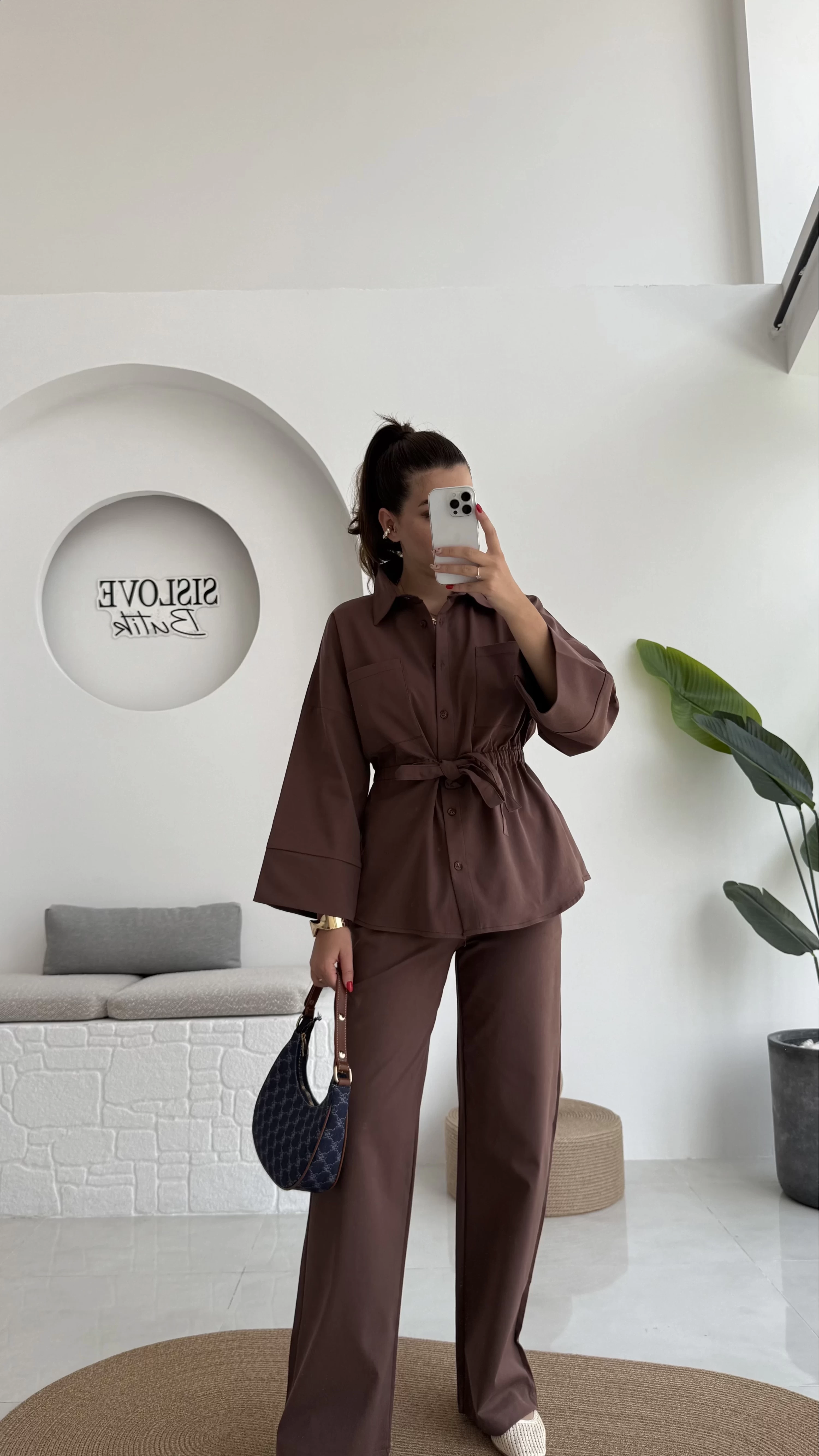 Masha Beli Bağlamalı Gömlek Pantolon Takım - Kahve - 7206