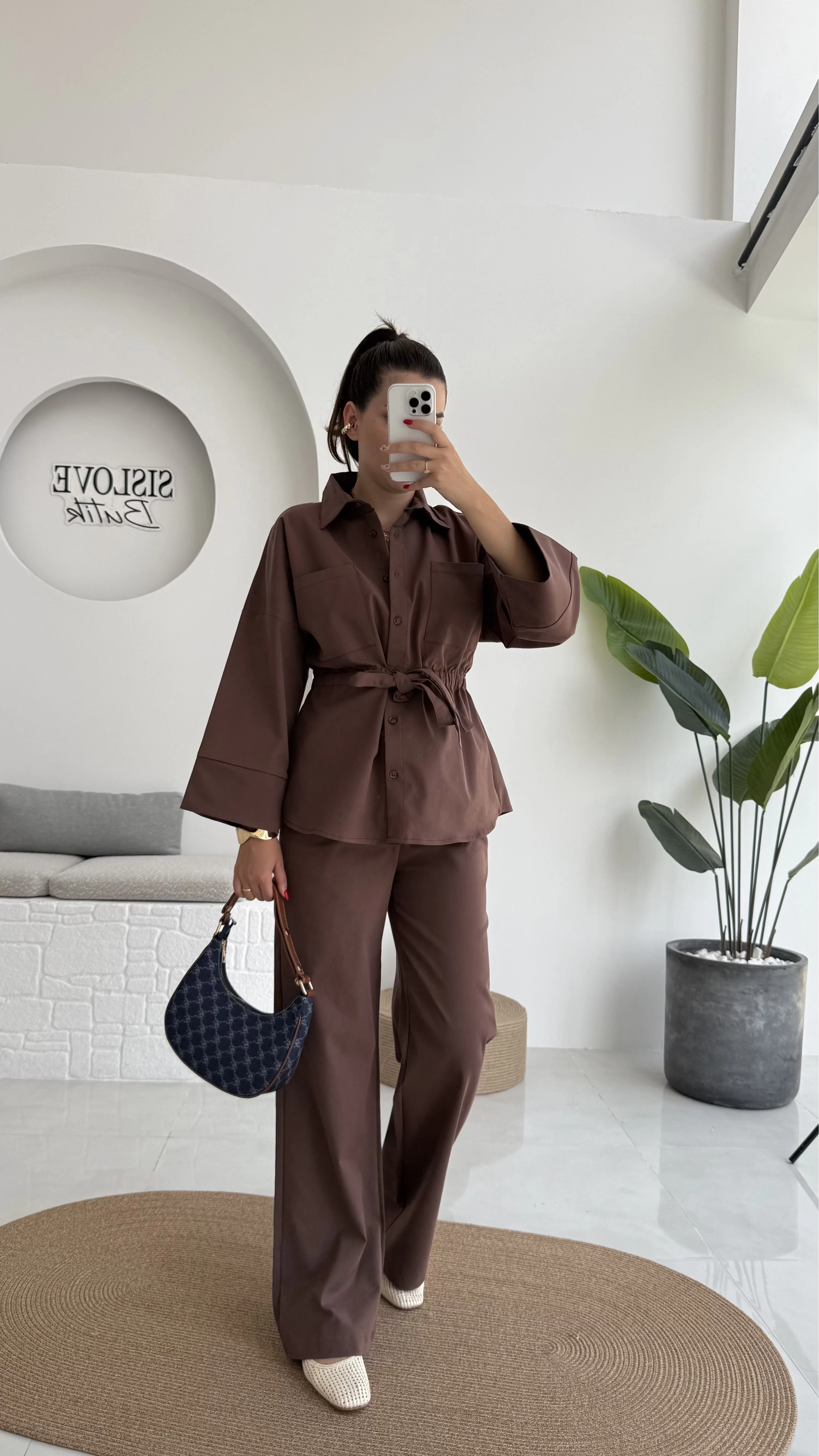 Masha Beli Bağlamalı Gömlek Pantolon Takım - Kahve - 7206