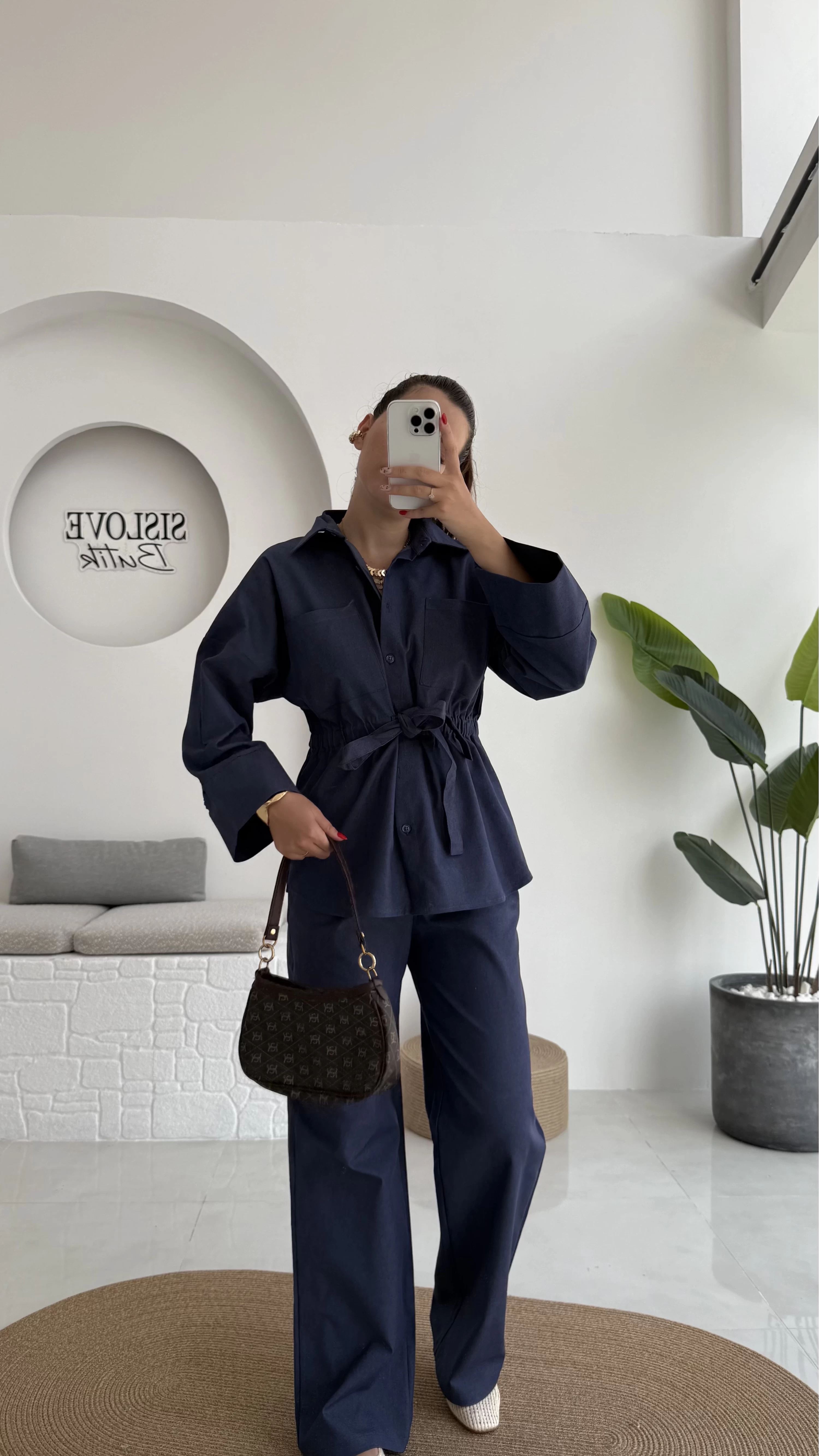 Masha Beli Bağlamalı Gömlek Pantolon Takım - Lacivert - 7206