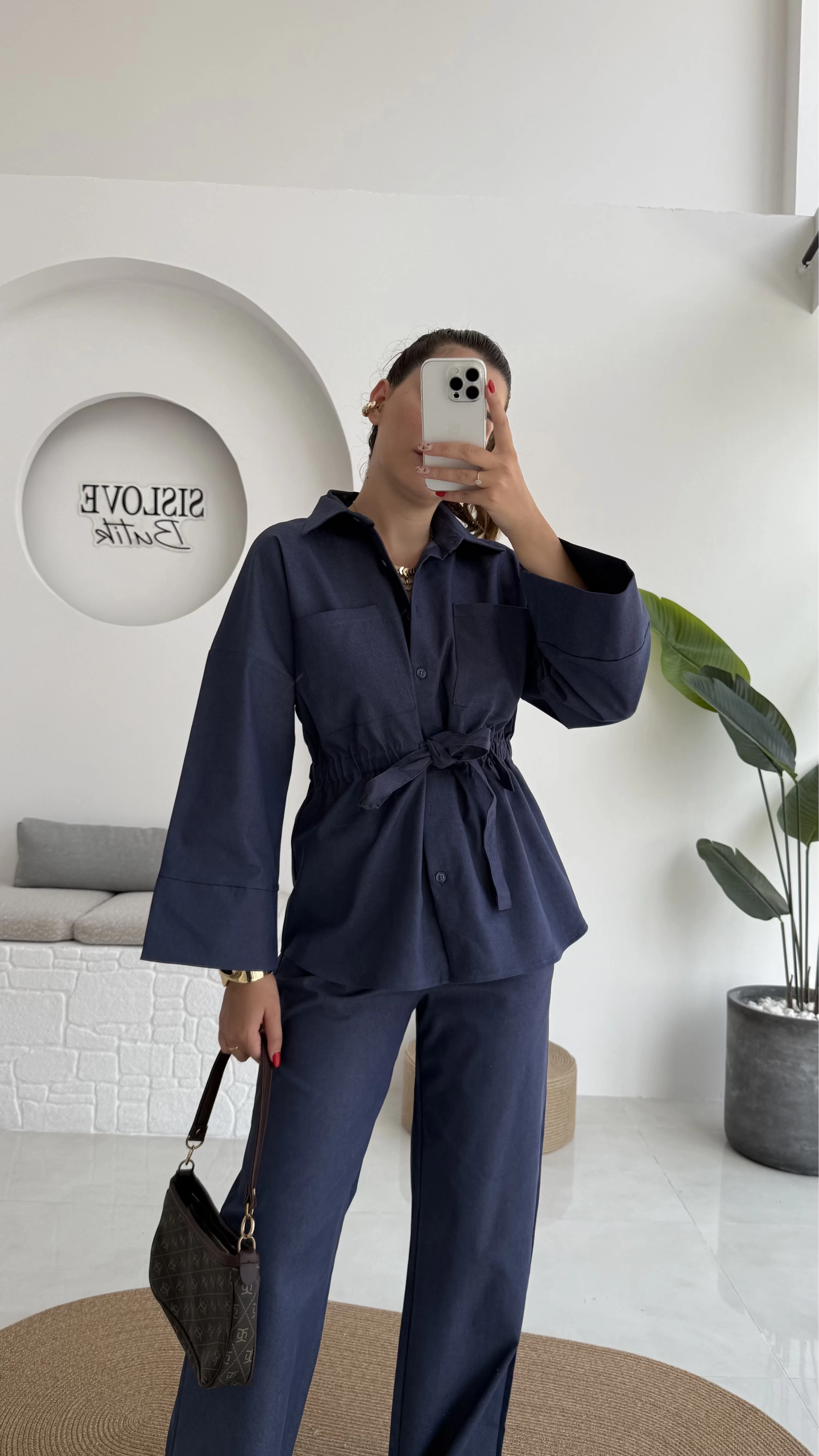 Masha Beli Bağlamalı Gömlek Pantolon Takım - Lacivert - 7206