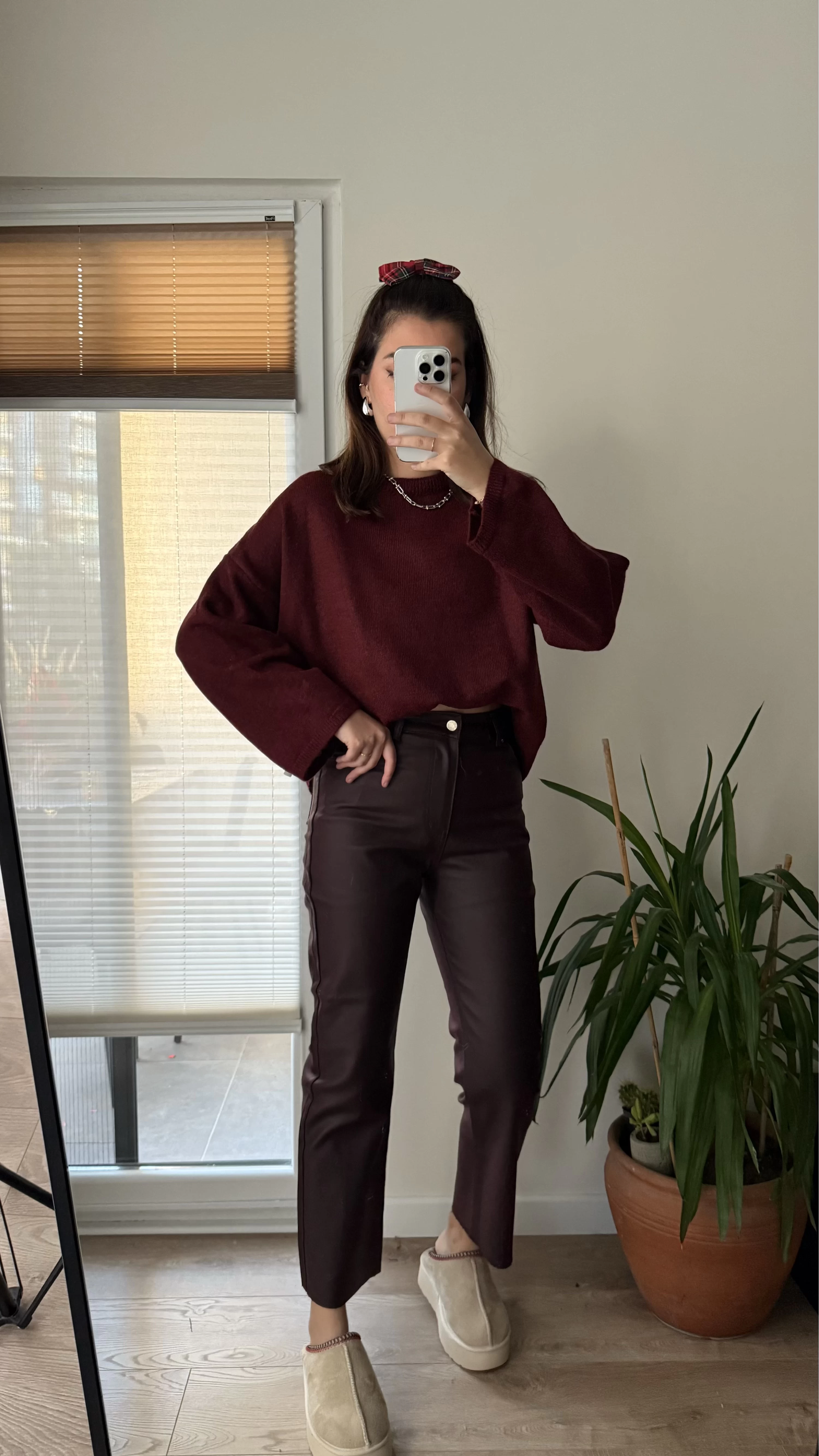 Mat Mumlu Deri Pantalon Bordo