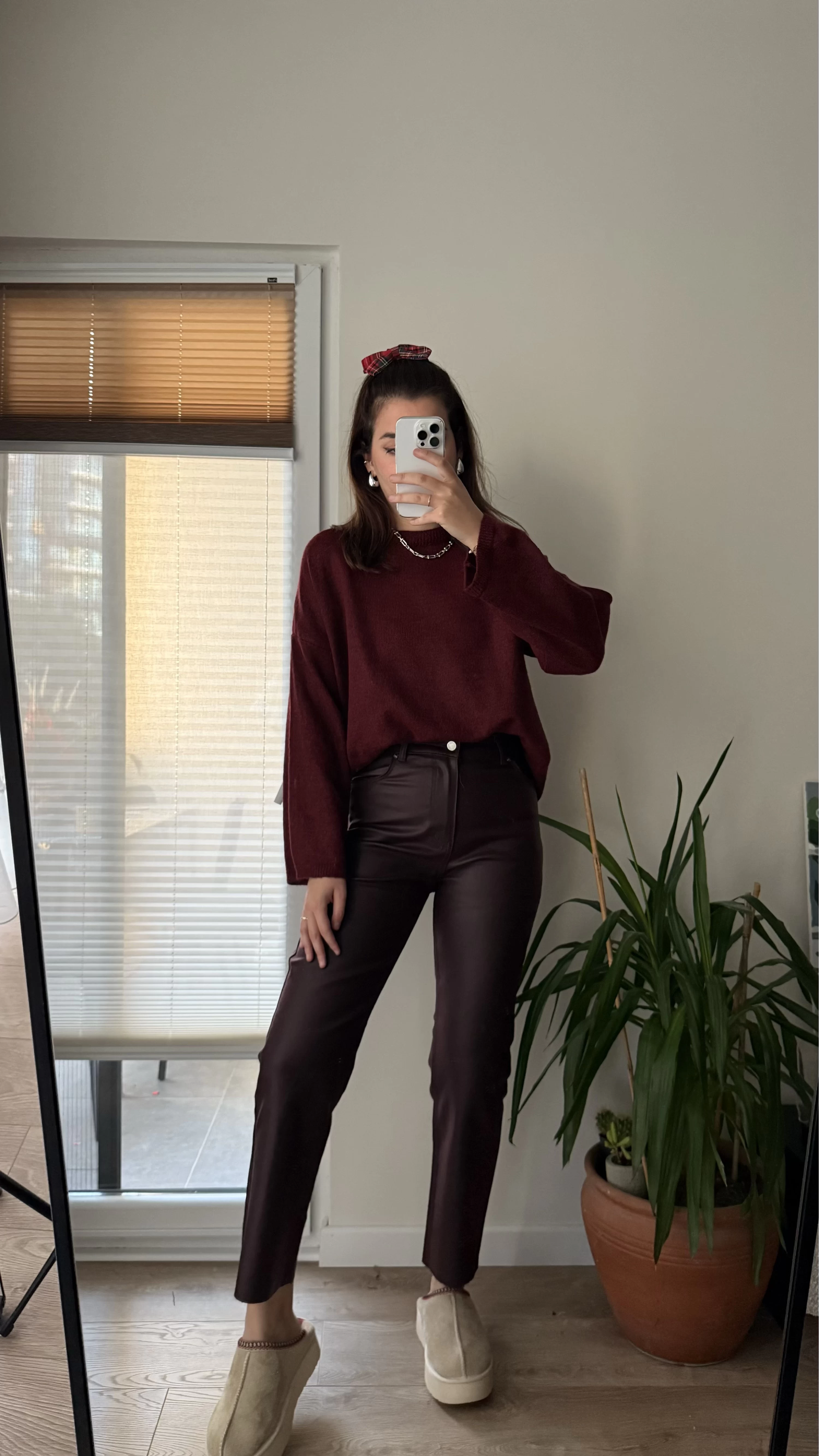 Mat Mumlu Deri Pantalon Bordo