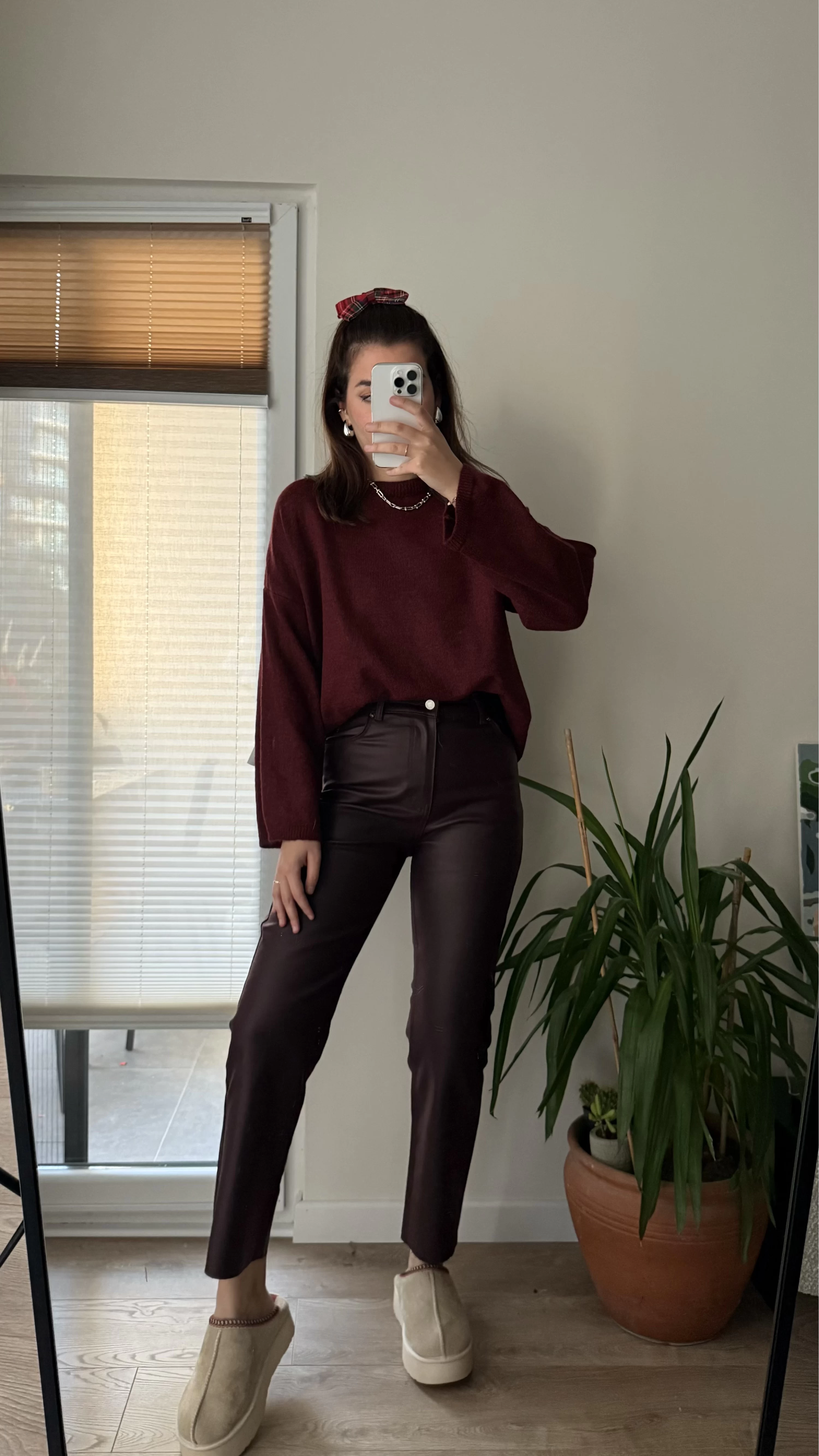 Mat Mumlu Deri Pantalon Bordo