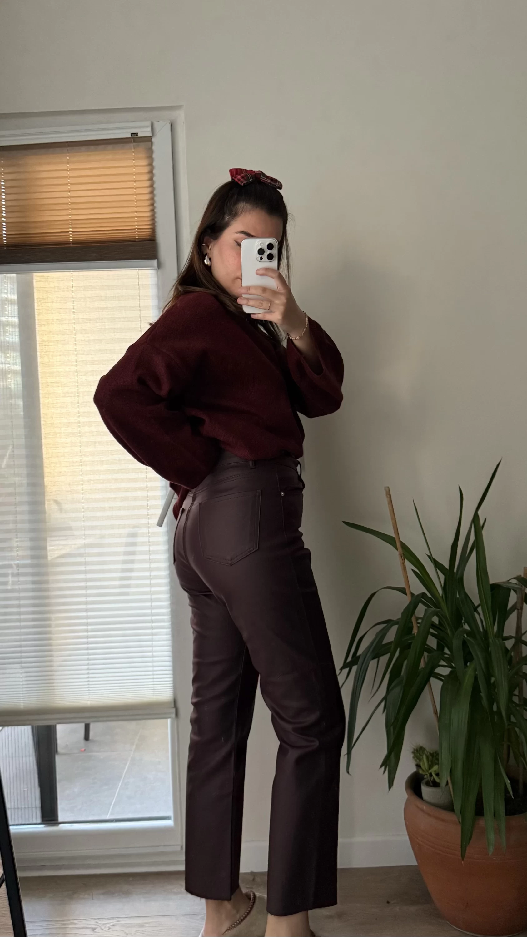 Mat Mumlu Deri Pantalon Bordo