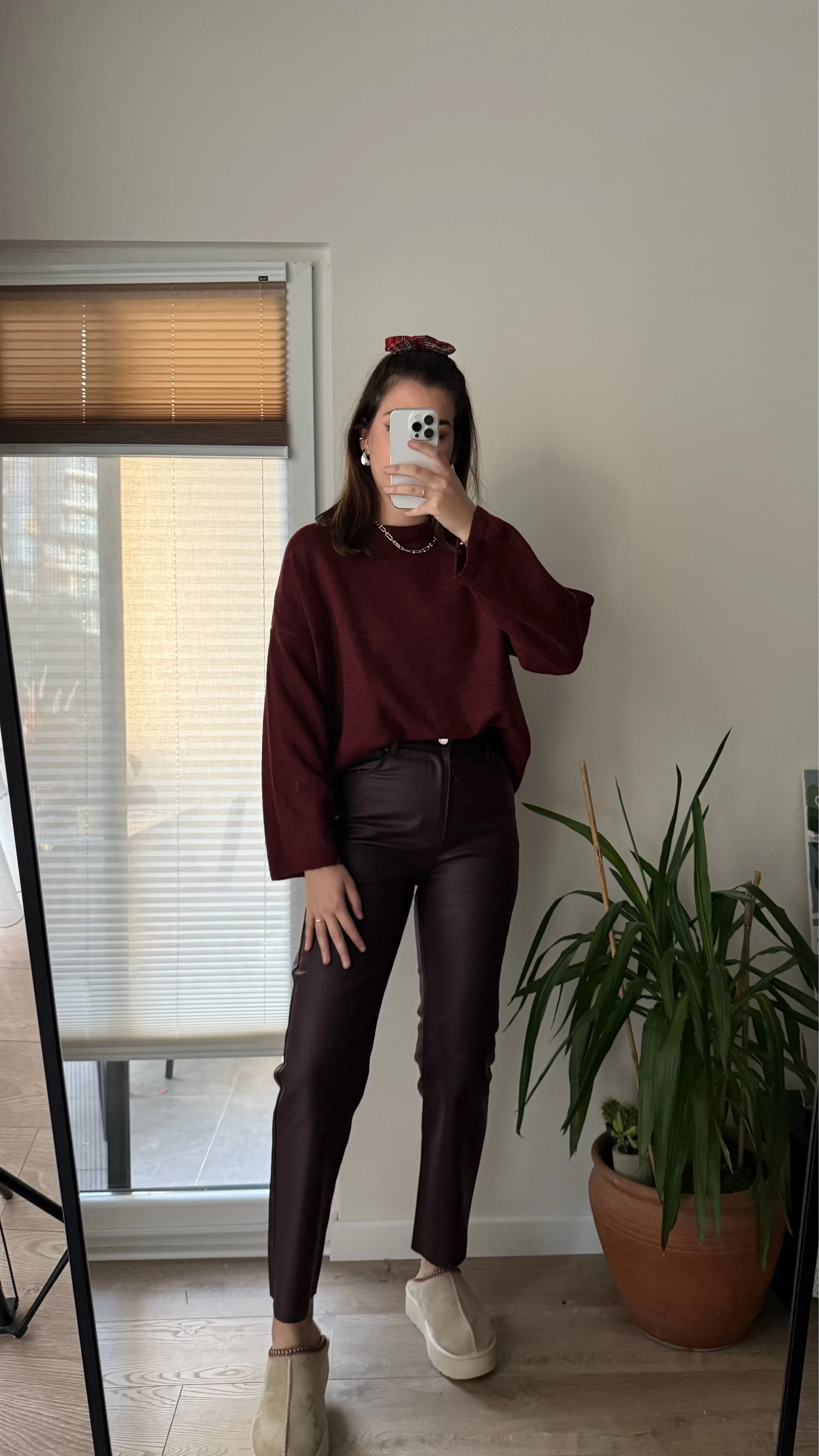 Mat Mumlu Deri Pantalon Bordo