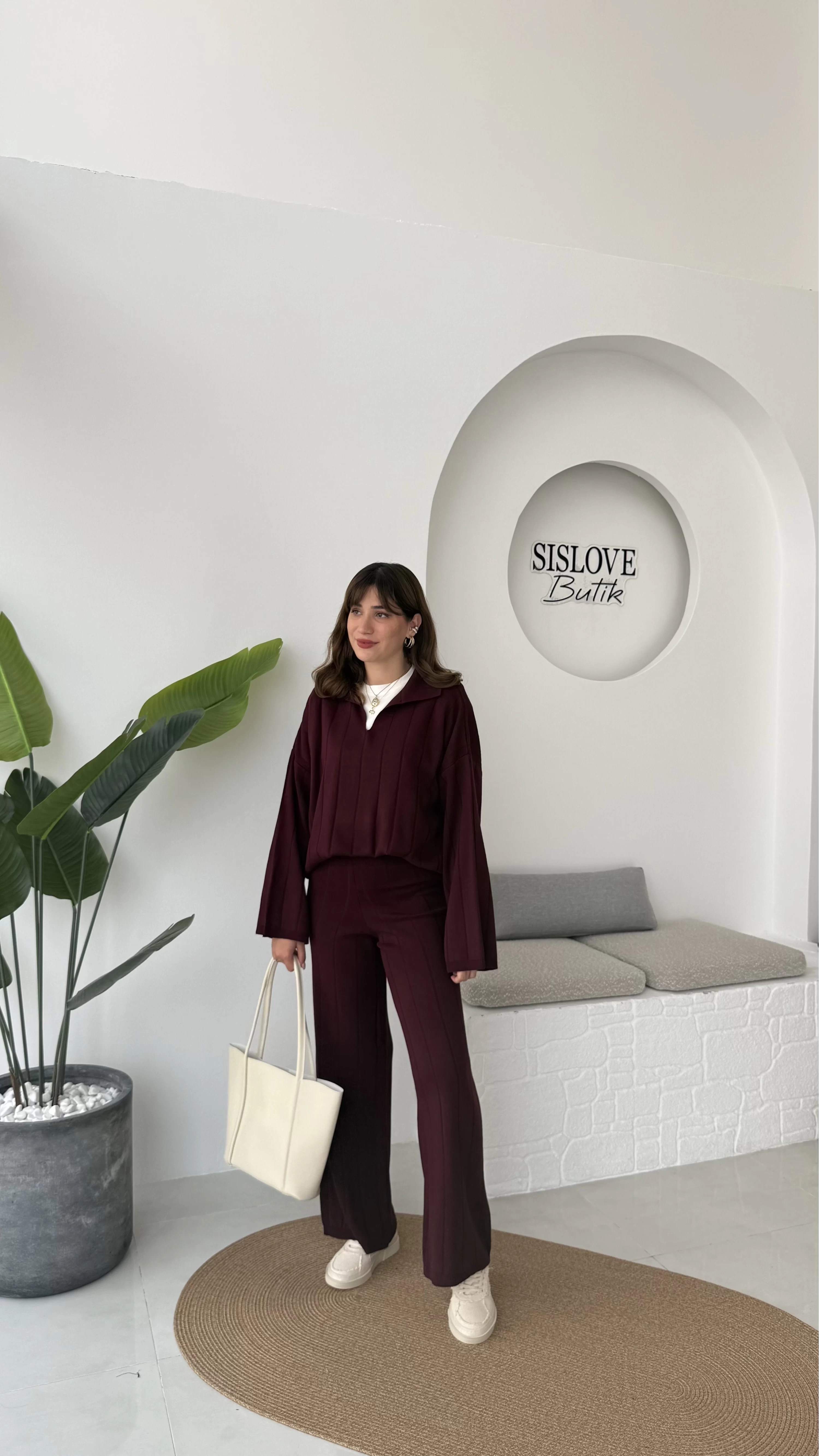 Megan Fitilli Polo Yaka Pantolon Triko Takım - Bordo - Kod: 04588