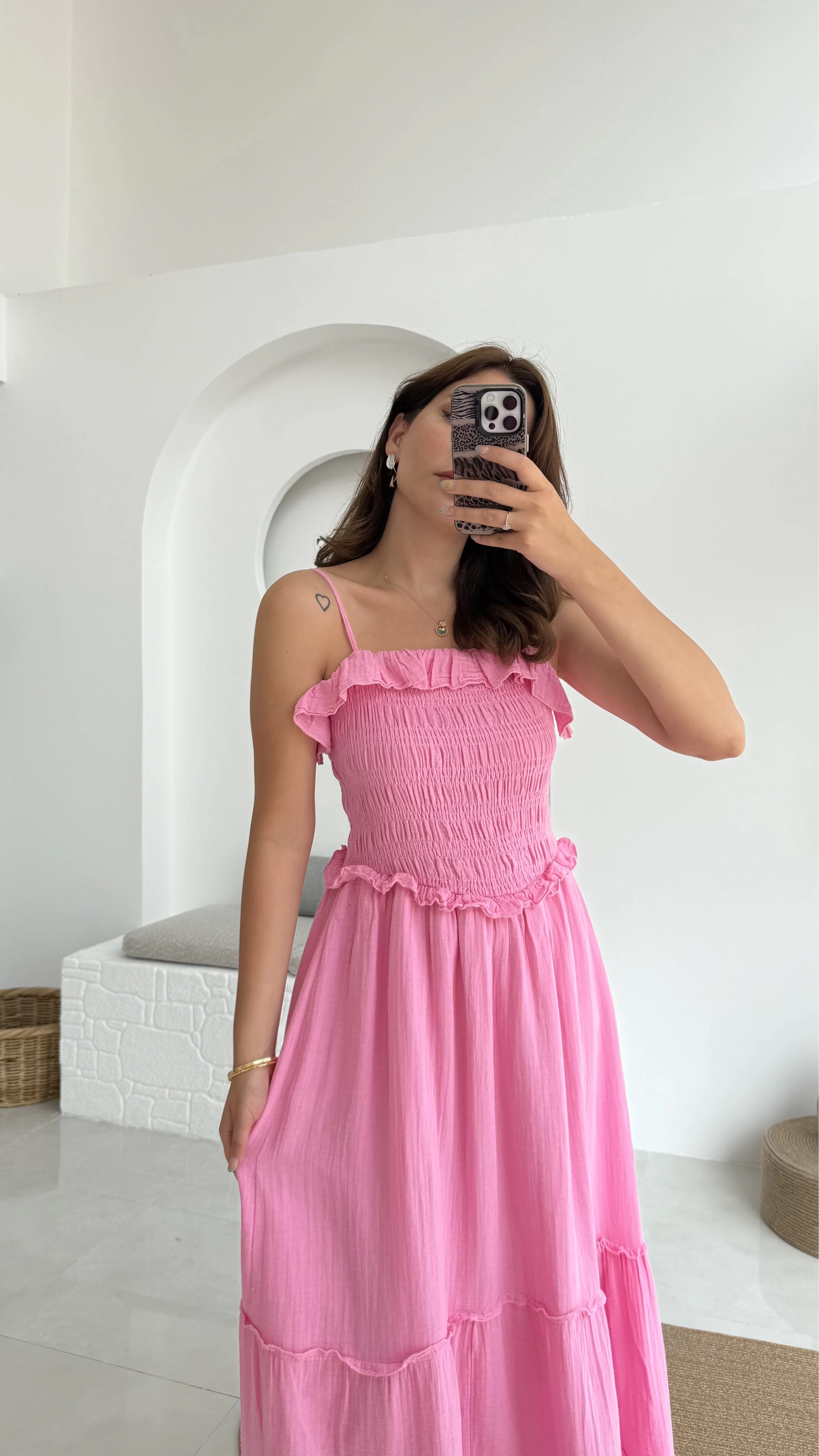Melon Askılı Gipe Detay Elbise Pembe