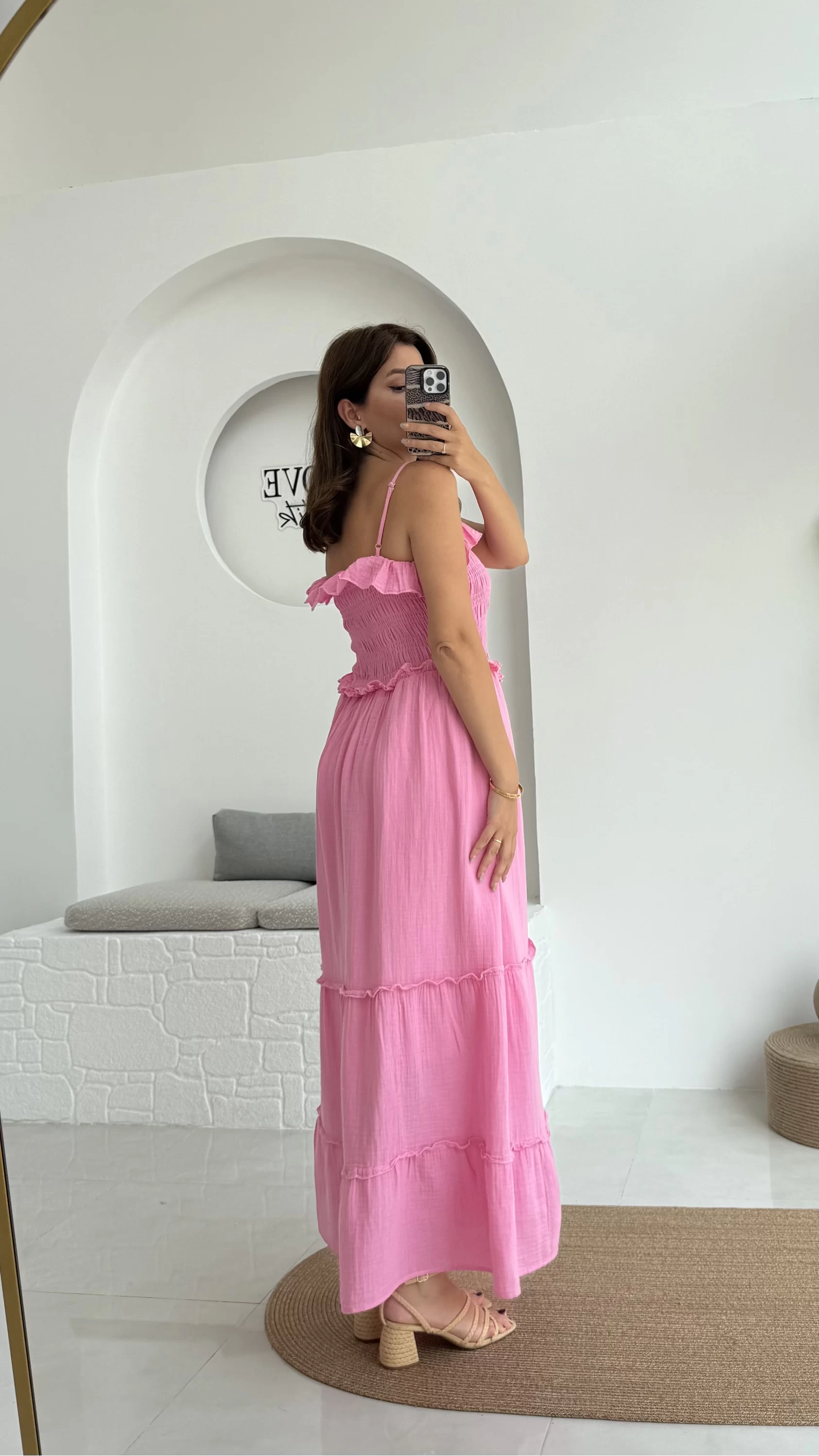 Melon Askılı Gipe Detay Elbise Pembe