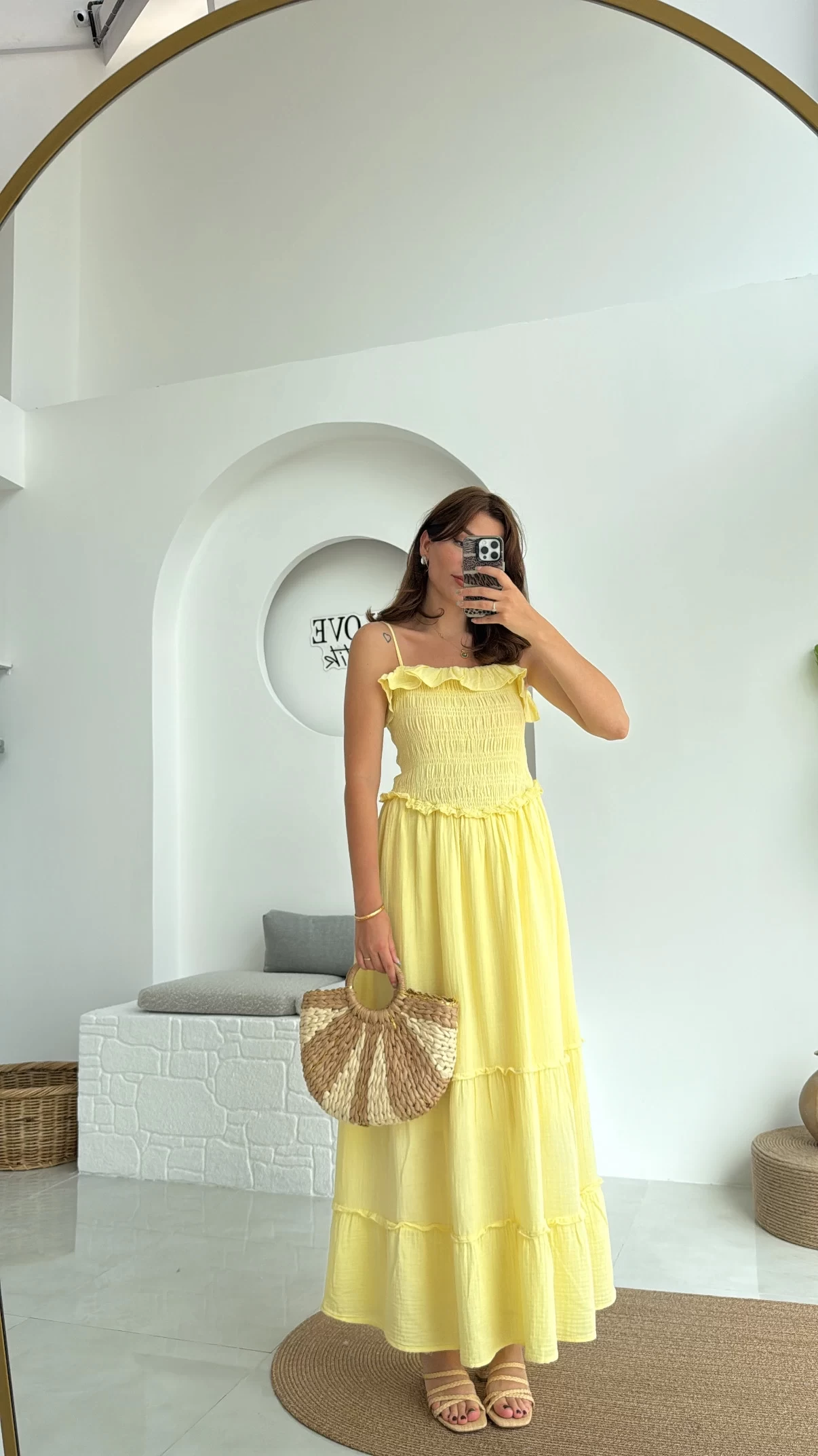 Melon Askılı Gipe Detay Elbise Sarı