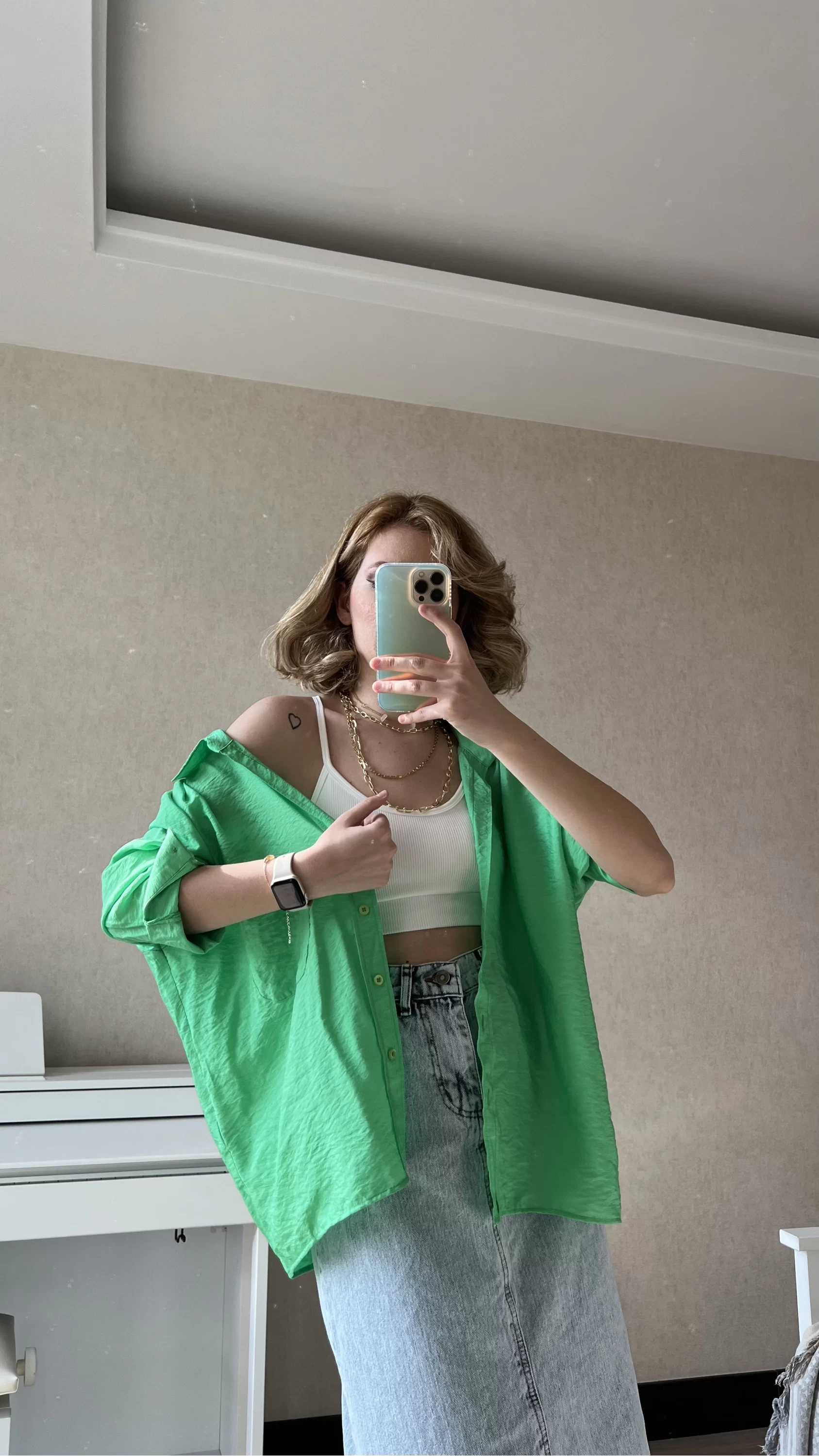 Mill Yeşil Tek Cepli Oversize Gömlek